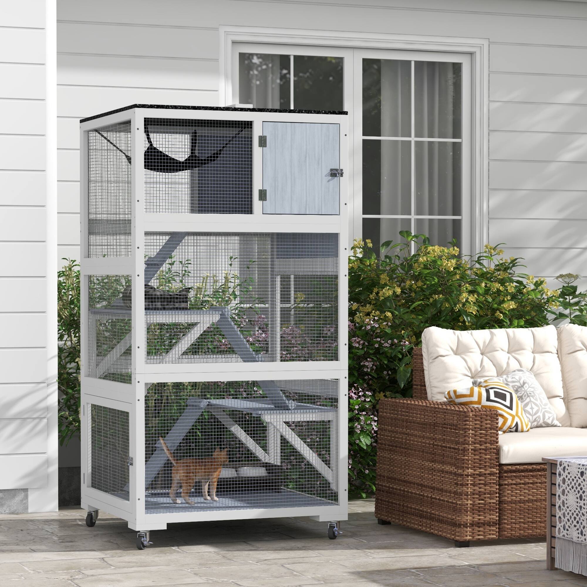 Angle. Pawhut - Outdoor Cat Enclosure House on Wheels with Hammock.