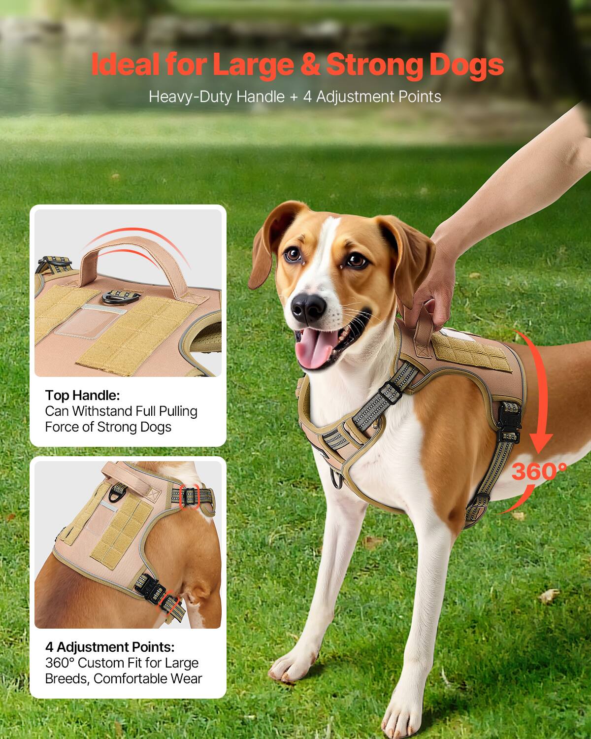 Ideal for Large & Strong Dogs

Heavy-Duty Handle + 4 Adjustment Points

Top Handle:
Can Withstand Full Pulling Force of Strong Dogs

4 Adjustment Points:
360° Custom Fit for Large Breeds, Comfortable Wear