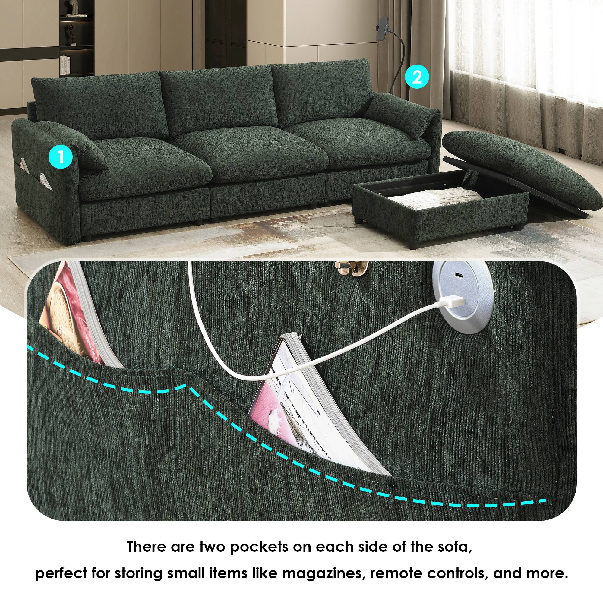 There are two pockets on each side of the sofa, perfect for storing small items like magazines, remote controls, and more.
