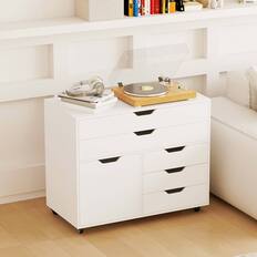 Front. Costway - Costway 5-Drawer File Cabinet Mobile Chest of Drawers with Side Cabinet 5 Casters - White.