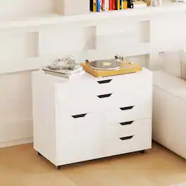 Costway - 5-Drawer File Cabinet Mobile Chest of Drawers with Side Cabinet 5 Casters - White