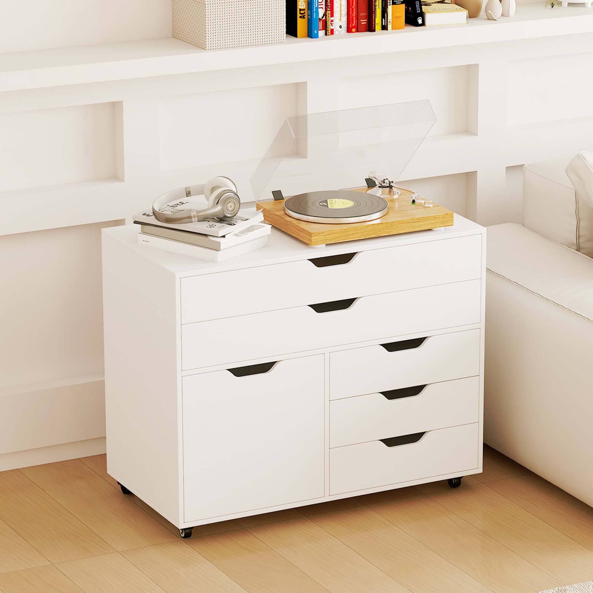 Alt View 4. Costway - Costway 5-Drawer File Cabinet Mobile Chest of Drawers with Side Cabinet 5 Casters - White.