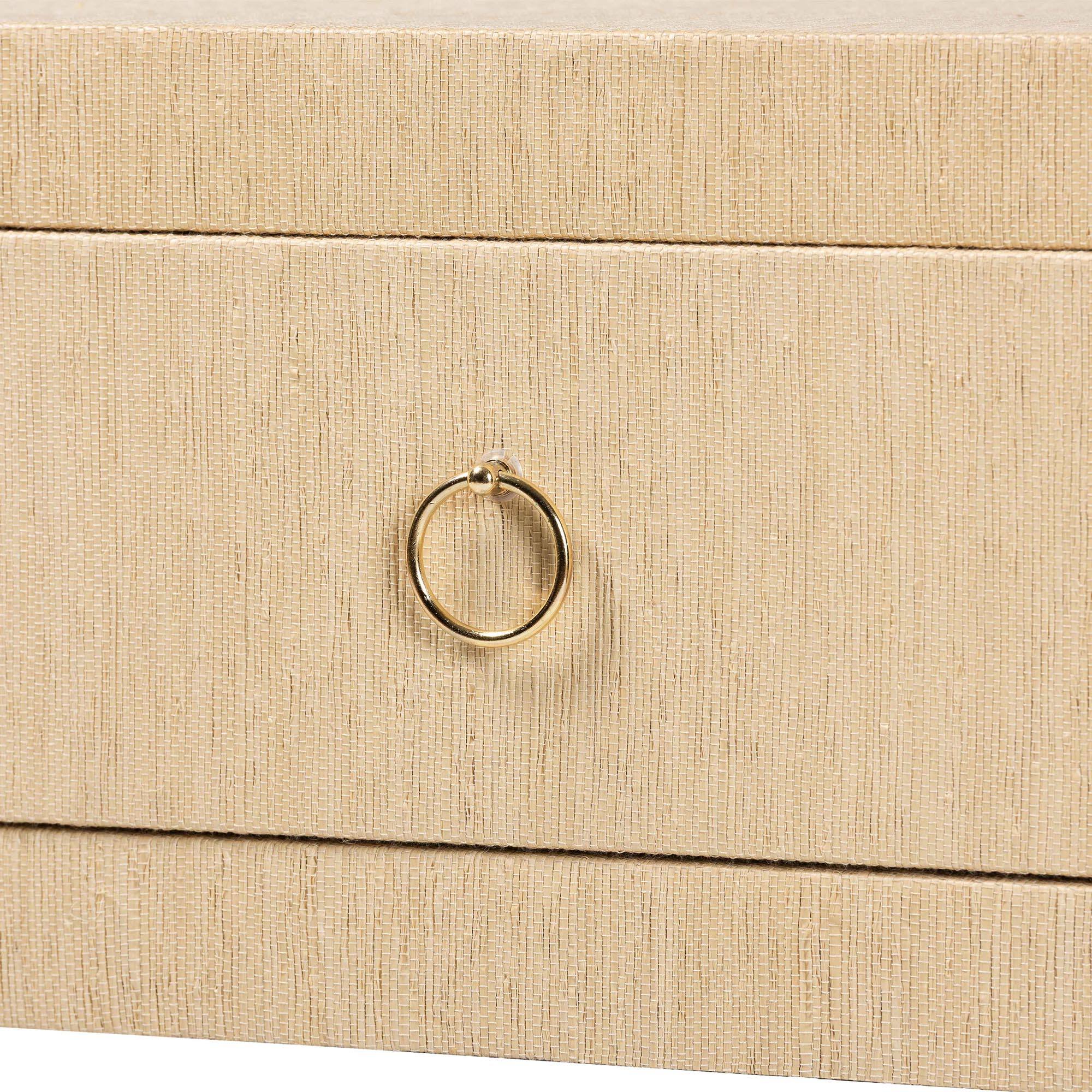 Alt View 2. bali & pari - Noah Grasscloth 2-Drawer Console Table - Woven Texture Entryway Table with Gold Ring Pulls, for Narrow Hallway - Light Brown/Gold.