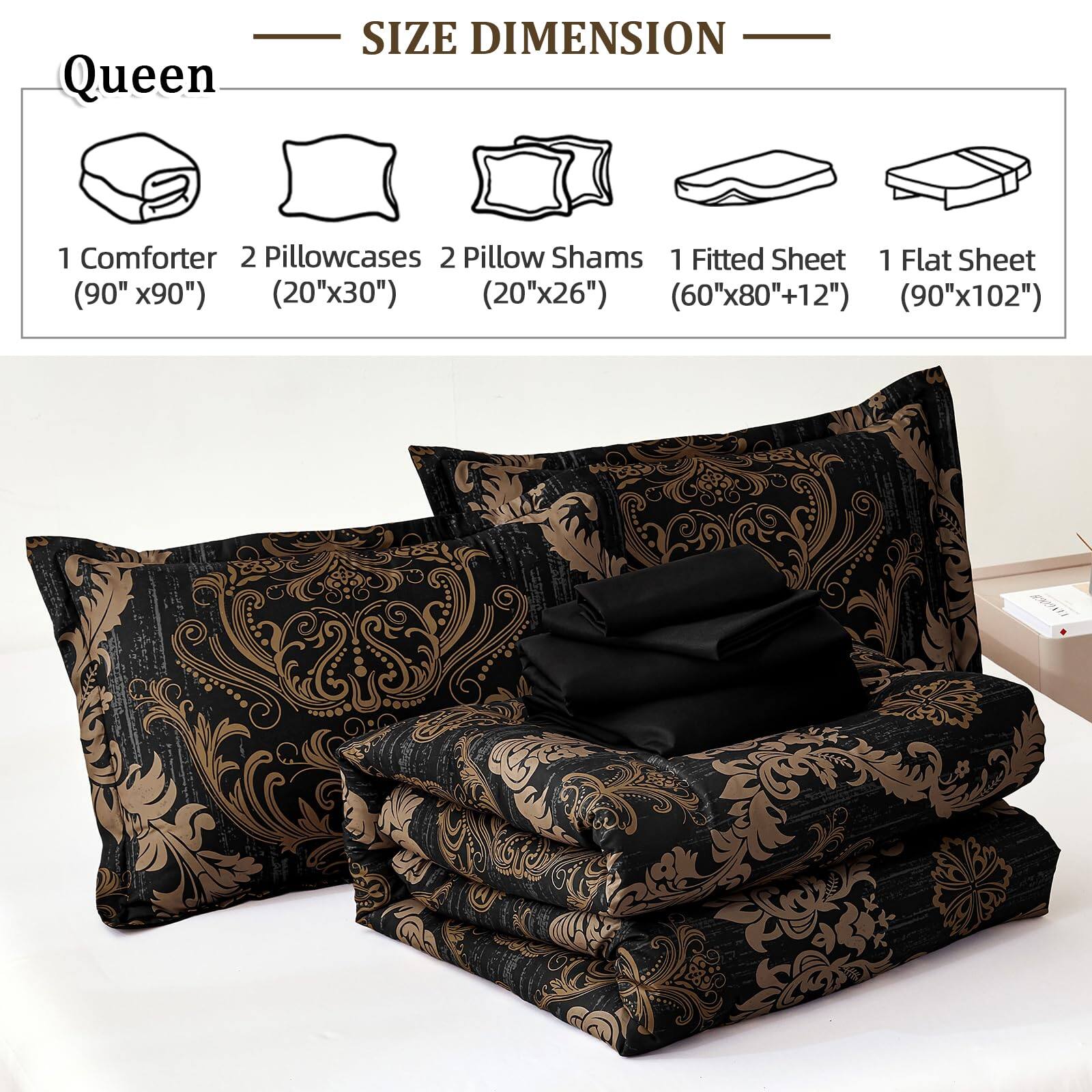 Queen Size Dimension

1 Comforter (90" x 90")
2 Pillowcases (20" x 30")
2 Pillow Shams (20" x 26")
1 Fitted Sheet (60" x 80" + 12")
1 Flat Sheet (90" x 102")