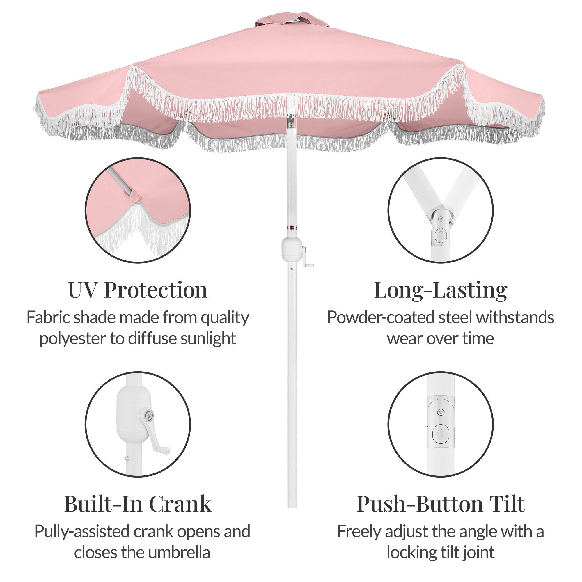 UV Protection  
Fabric shade made from quality polyester to diffuse sunlight  

Long-Lasting  
Powder-coated steel withstands wear over time  

Built-In Crank  
Pully-assisted crank opens and closes the umbrella  

Push-Button Tilt  
Freely adjust the angle with a locking tilt joint