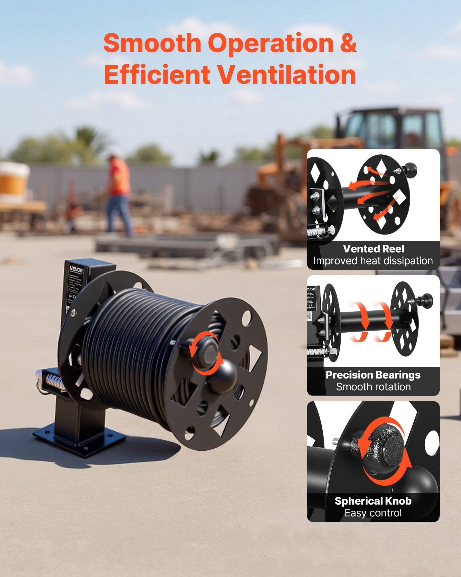 Smooth Operation & Efficient Ventilation

VEVOR Vented Reel
Improved heat dissipation

Precision Bearings
Smooth rotation

Spherical Knob
Easy control
