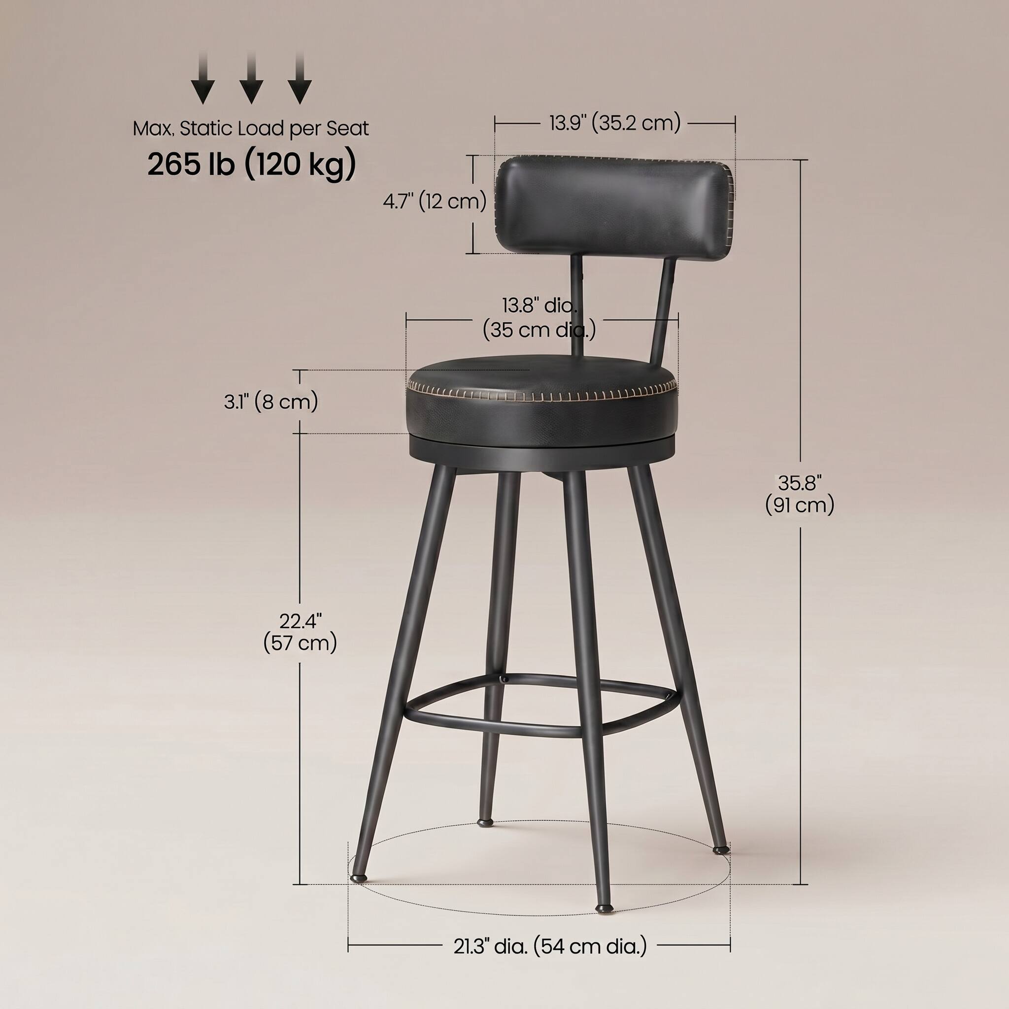Max, Static Load per Seat 265 lb (120 kg)  
4.7" (12 cm)  
13.9" (35.2 cm)  
13.8" dia. (35 cm dia.)  
3.10" (8 cm)  
35.8" (91 cm)  
22.4" (57 cm)  
21.3" dia. (54 cm dia.)