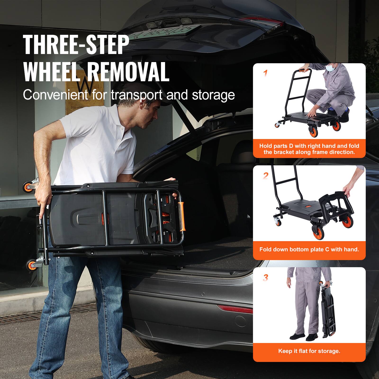 **THREE-STEP WHEEL REMOVAL**  
Convenient for transport and storage  

1. Hold parts D with right hand and fold the bracket along frame direction.  
2. Fold down bottom plate C with hand.  
3. Keep it flat for storage.