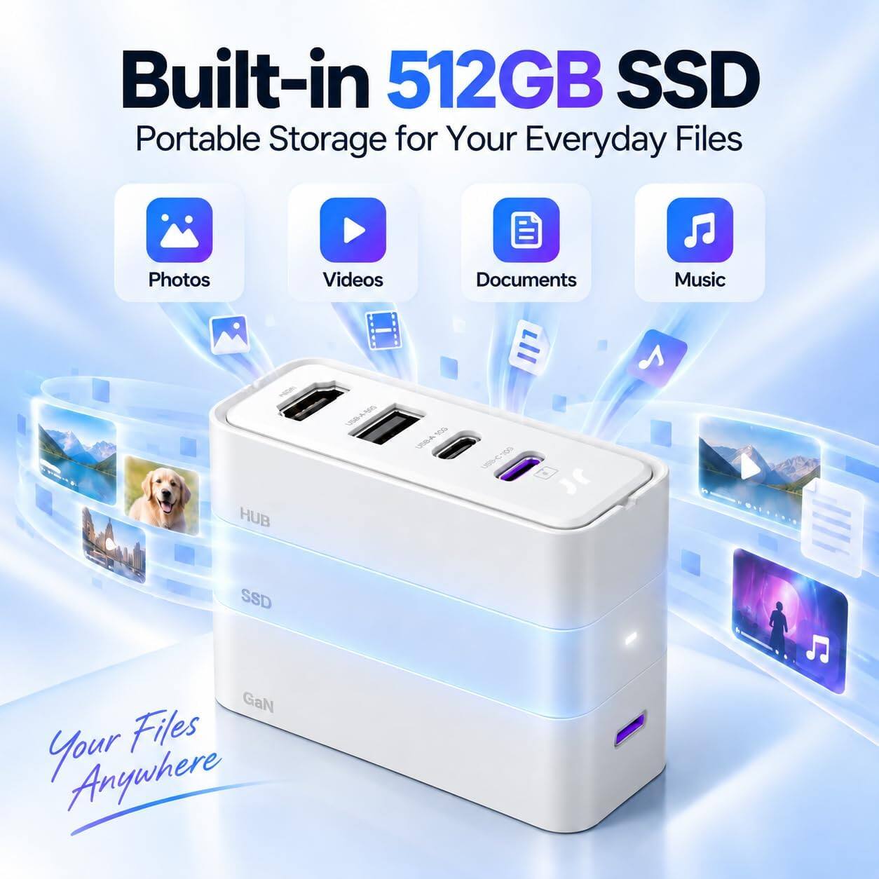 Built-in 512GB SSD Portable Storage for Your Everyday Files

Photos
Videos
Documents
Music

55% USB-A
500 USB-A
YOU USB-C
HUB
SSD
GaN

Your Files Anywhere