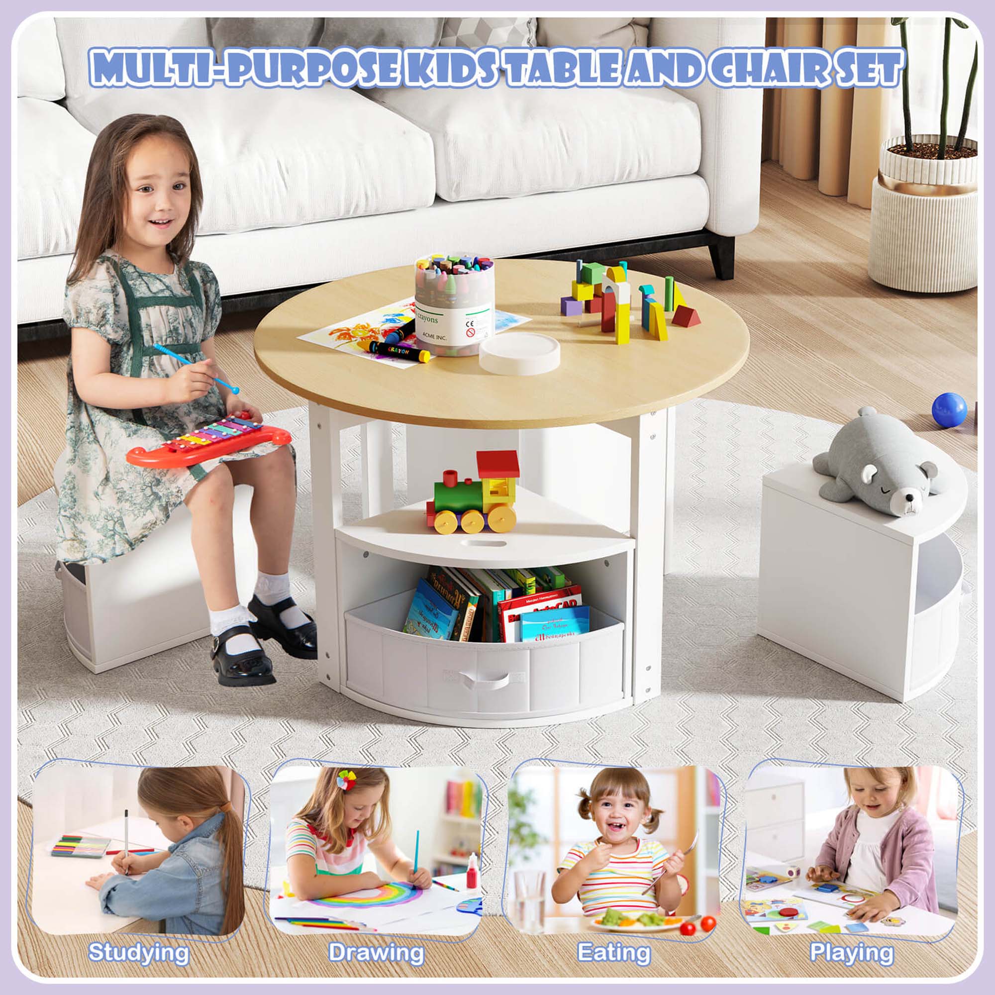 MULTI-PURPOSE KIDS TABLE AND CHAIR SET

- Studying
- Drawing
- Eating
- Playing