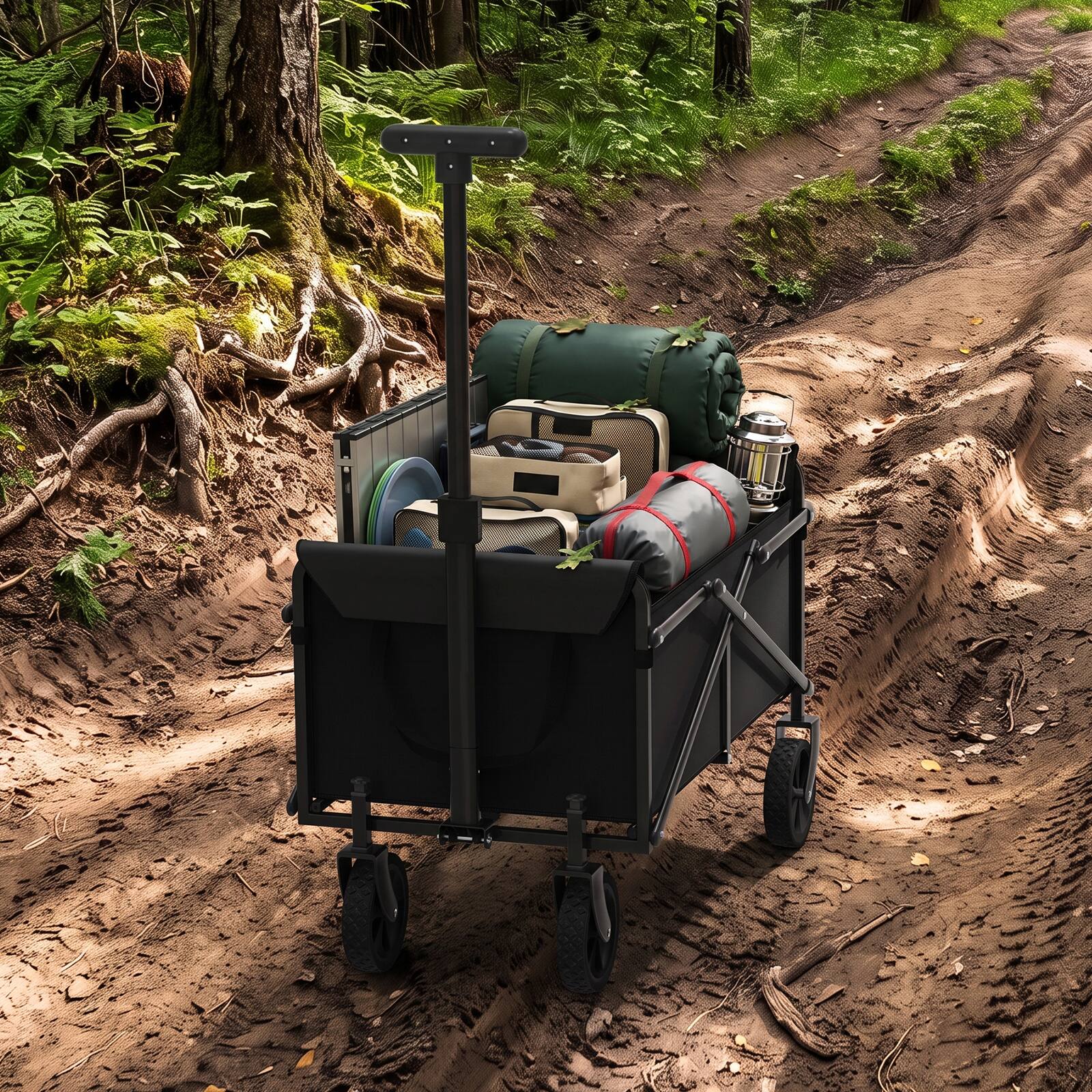 Alt View 2. Oumilen - Black Collapsible Folding Wagon Cart, 110L Heavy-Duty Utility Wagon with Adjustable Handle & Removable Wheels 100kg.