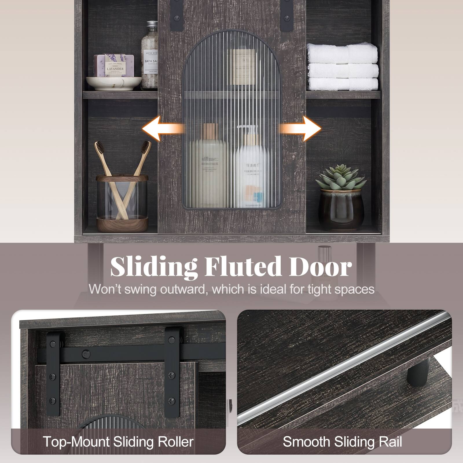 Sliding Fluted Door  
Won't swing outward, which is ideal for tight spaces  

Top-Mount Sliding Roller  

Smooth Sliding Rail