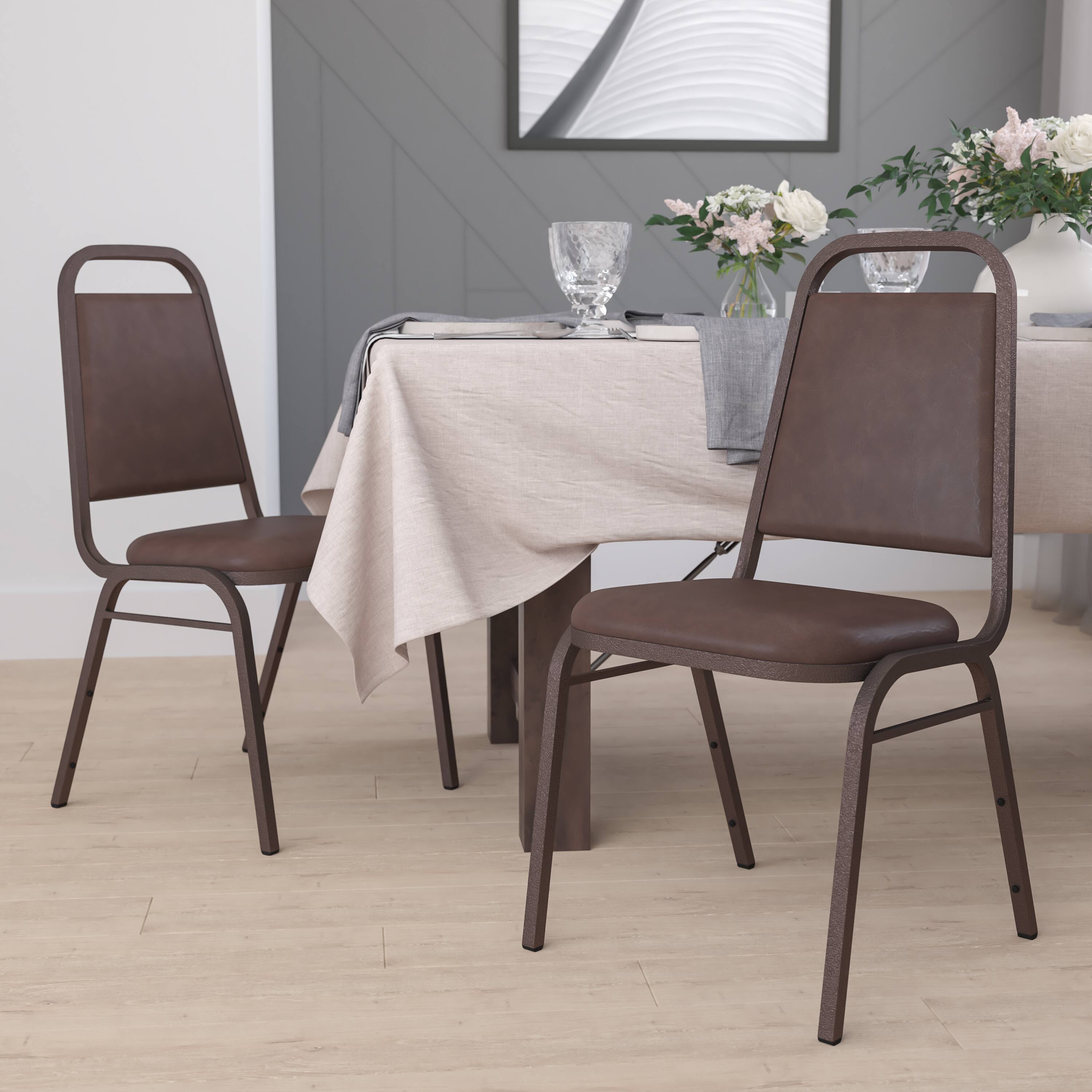 Alt View 2. Emma + Oliver - 4 Pack Trapezoidal Back Stacking Banquet Chair - Brown Vinyl/Copper Vein Frame.