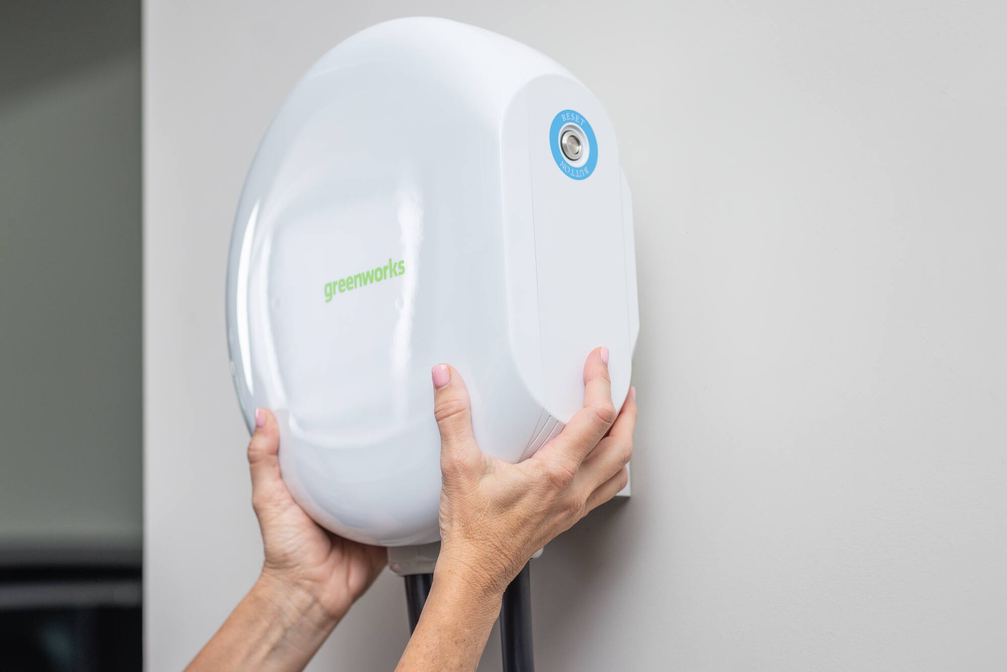 The text on the image reads "RESET BUTTON greenworks."