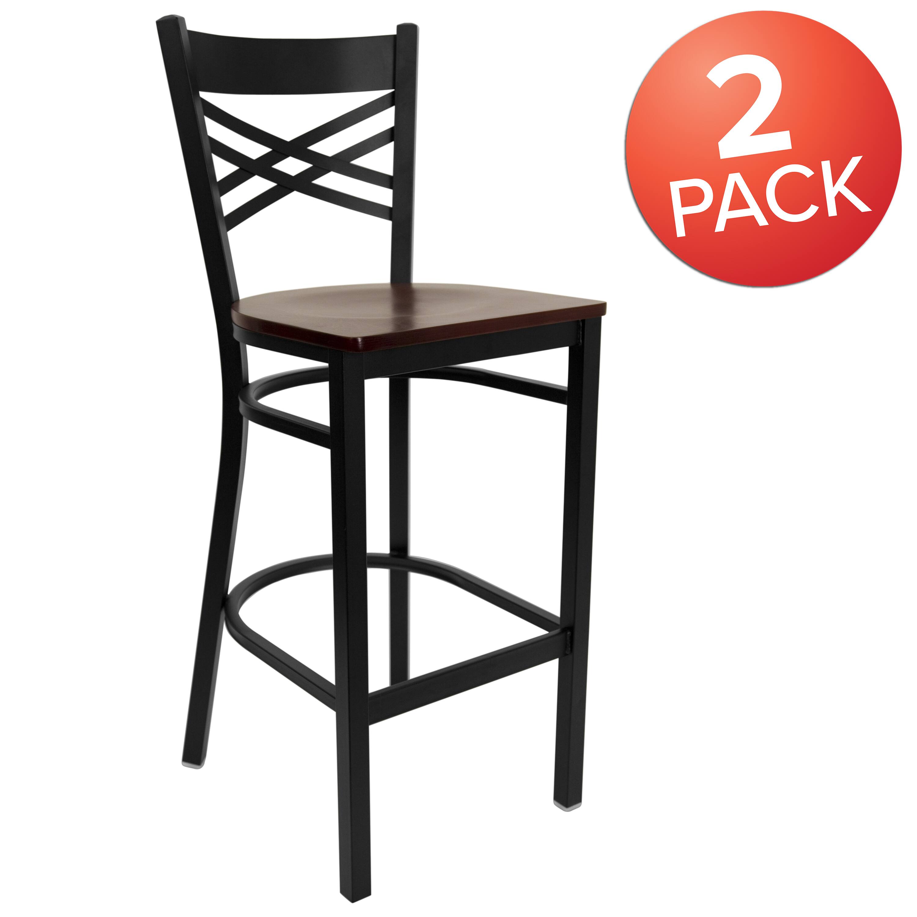 Alt View 1. Emma + Oliver - 2 Pack "X" Back Metal Restaurant Barstool - Mahogany Wood Seat/Black Metal Frame.