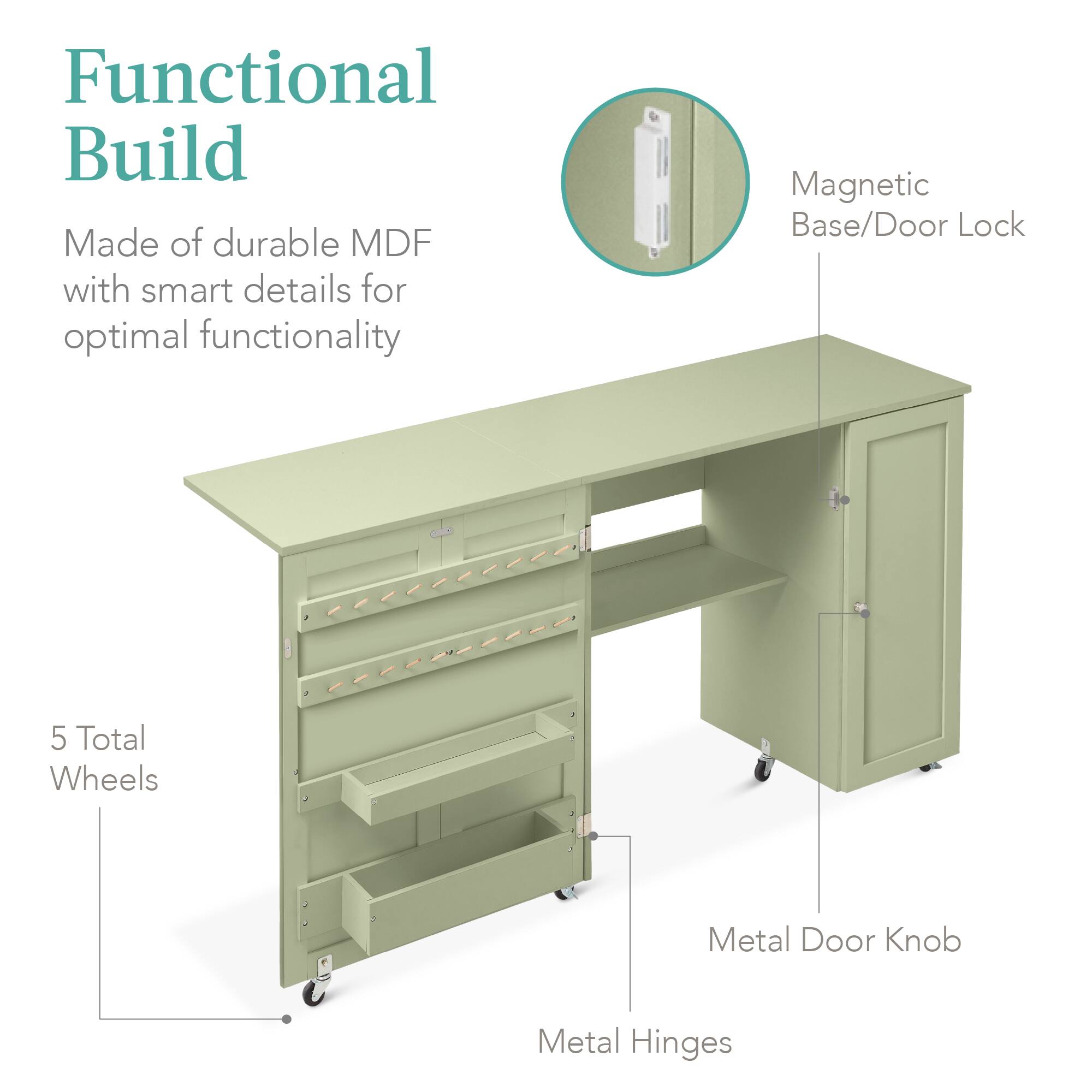 Functional Build  
Made of durable MDF with smart details for optimal functionality  

- Magnetic Base/Door Lock  
- 5 Total Wheels  
- Metal Door Knob  
- Metal Hinges