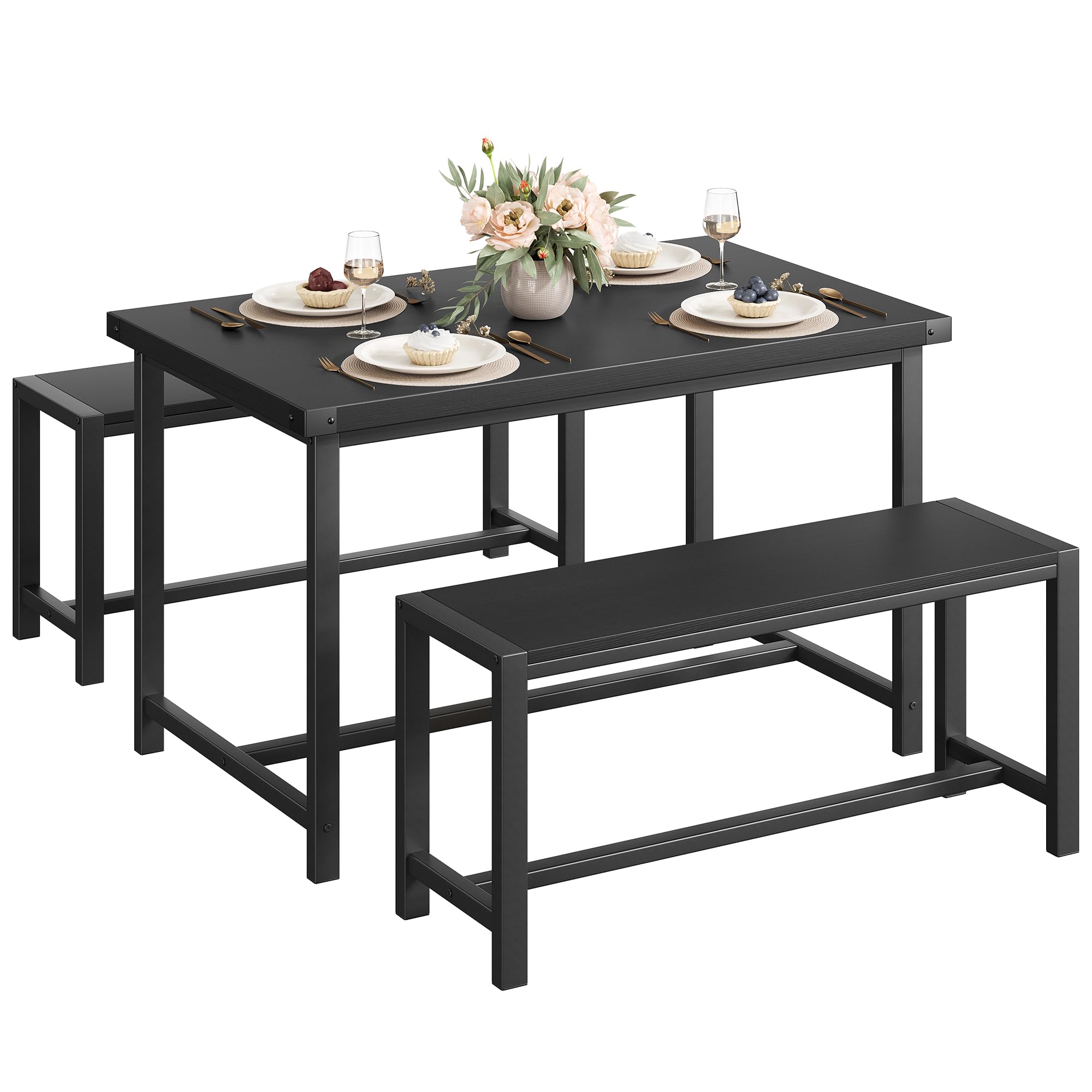 Front. Babevy - 3 Piece Dining Table Set for 4, Wooden Kitchen Table with 2 Benches, Space-Saving Dining Room Dinette Set - Black.