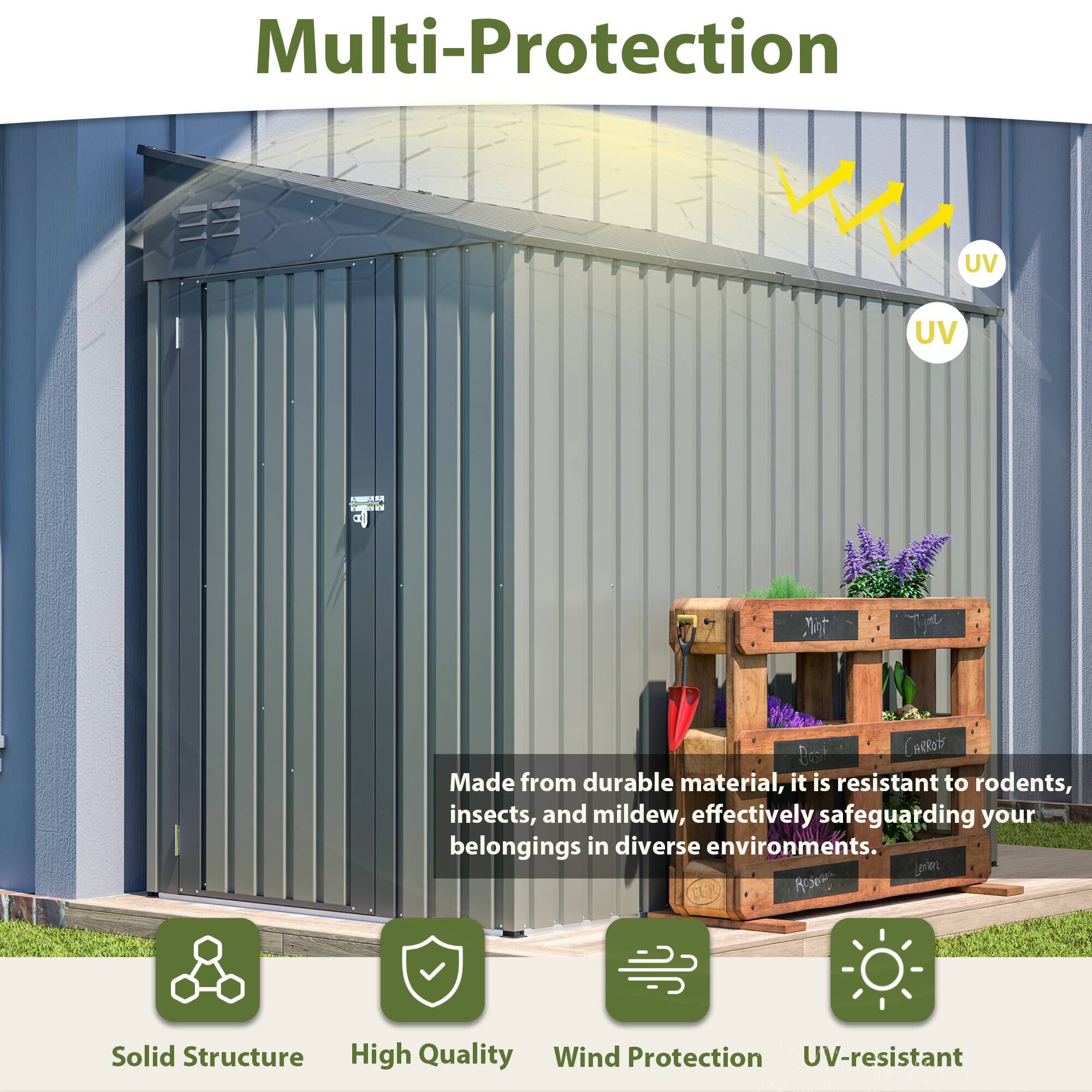 Back. TinyHomie - 4 x 7FT Lean-To Shed in Olive grey Heavy-Duty Steel Outdoor Storage for Garden Tools and Bicycles All-Weather Protection.