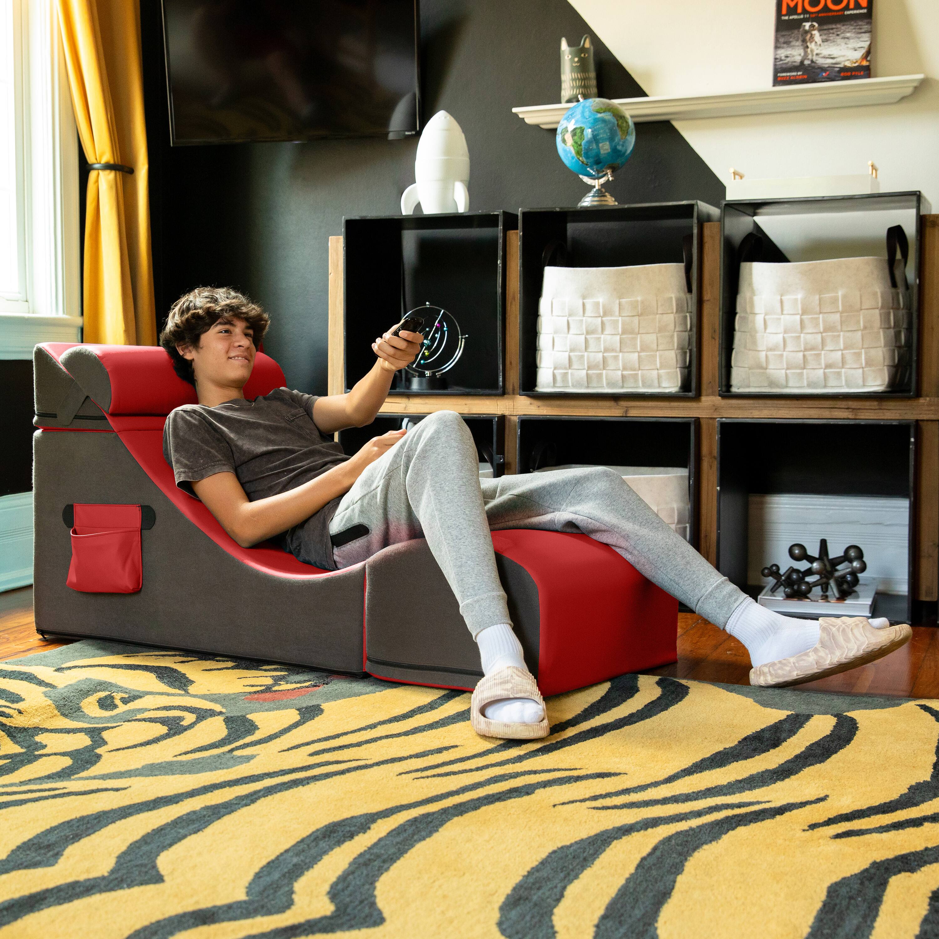 Angle. Jaxx - Jaxx Flexx V-Tex Convertible 3 in 1 Gamer Chair, Table, & Ottoman w/ Adjustable Headrest & Pocket - Vinyl Red - Red.