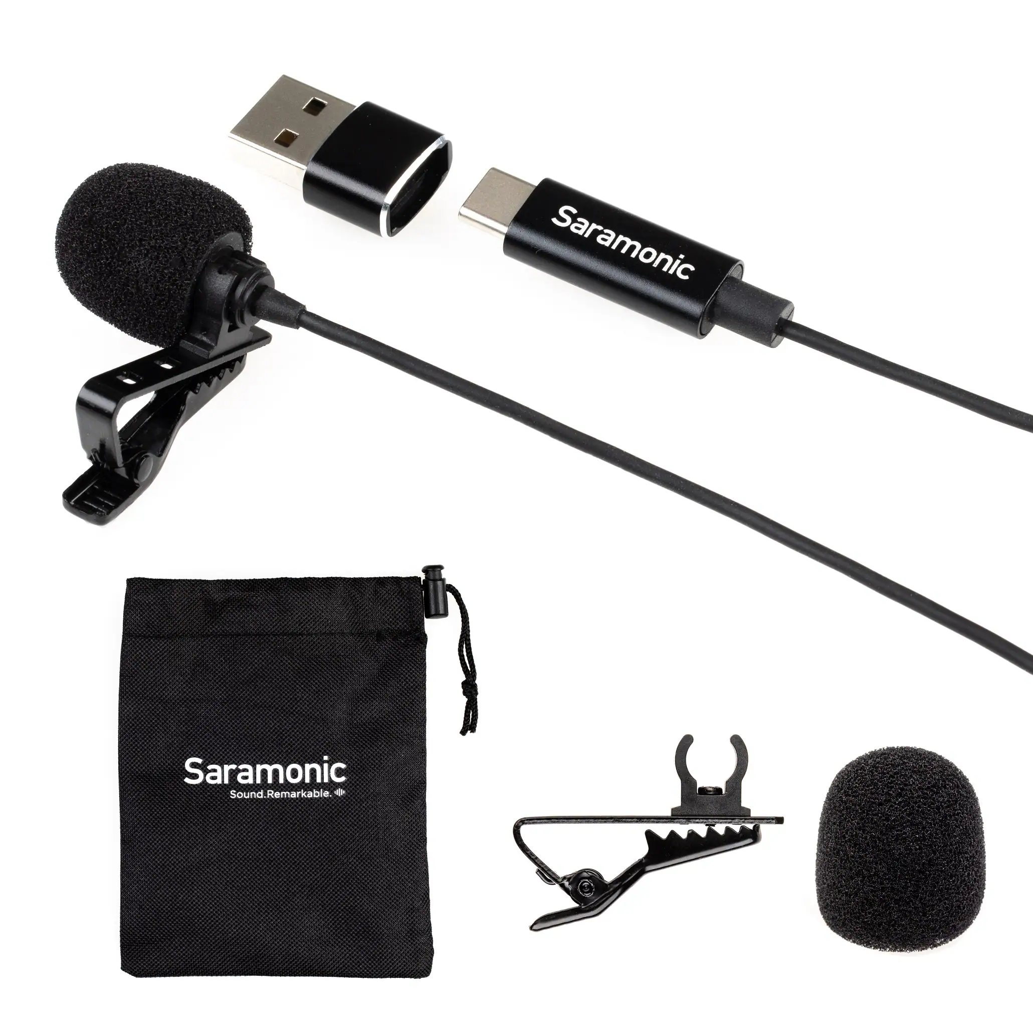 Saramonic - Lavalier Mic w/ USB-C Output, 6.6' Cable & USB Adapter for Mobile Devices & Computers - Black