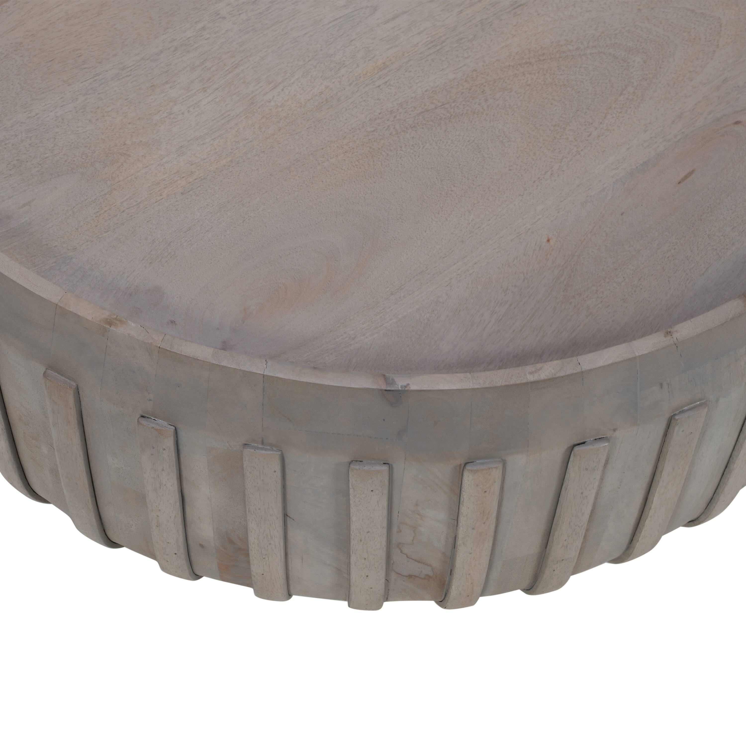 Alt View 2. Manhattan Lane - Alisha 36 Inch Coffee Table, Handcrafted Drum Shape with Ribbed Edges, Mango Wood - Gray.