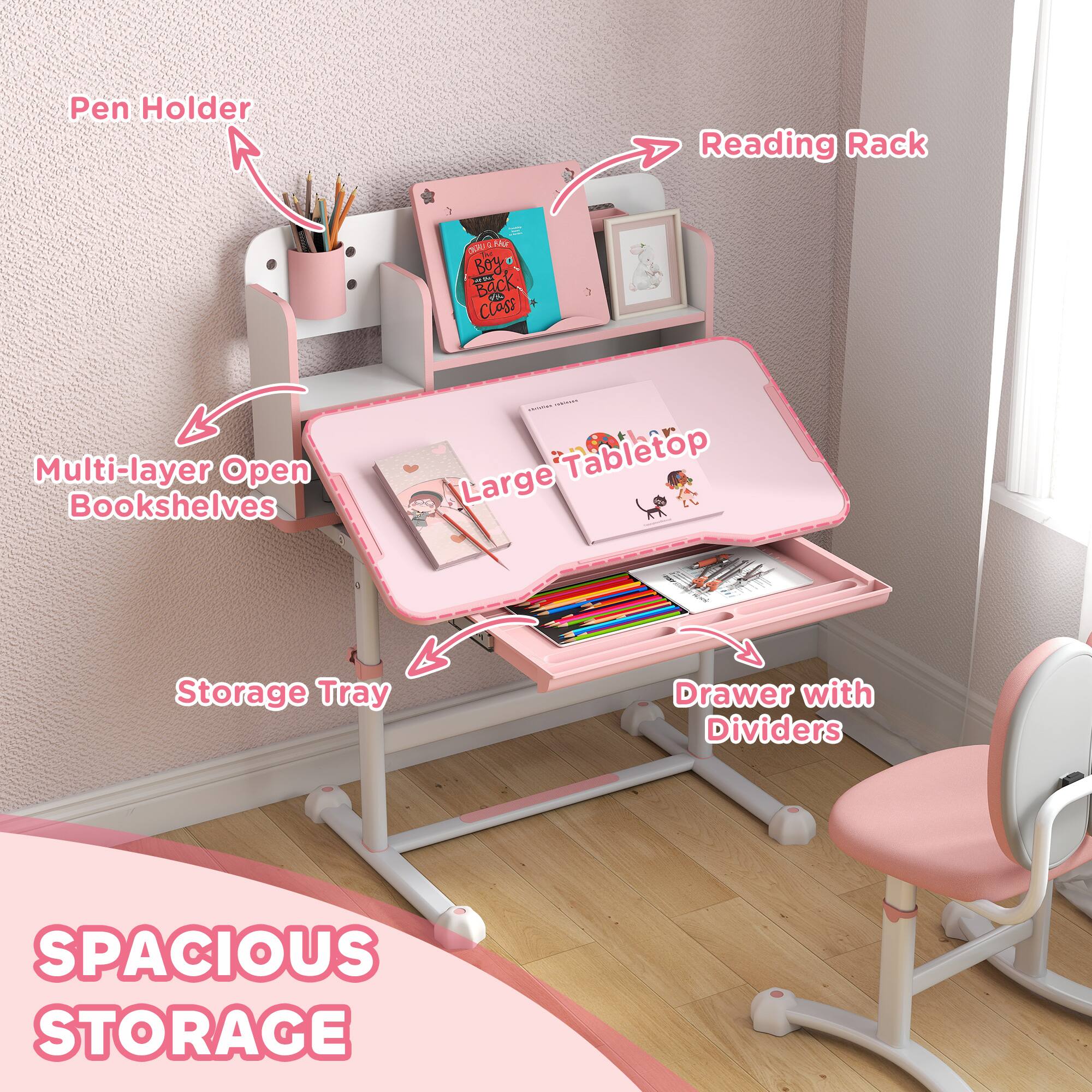 Pen Holder  
Reading Rack  
Multi-layer Open Bookshelves  
Large Tabletop  
Storage Tray  
Drawer with Dividers  

SPACIOUS STORAGE