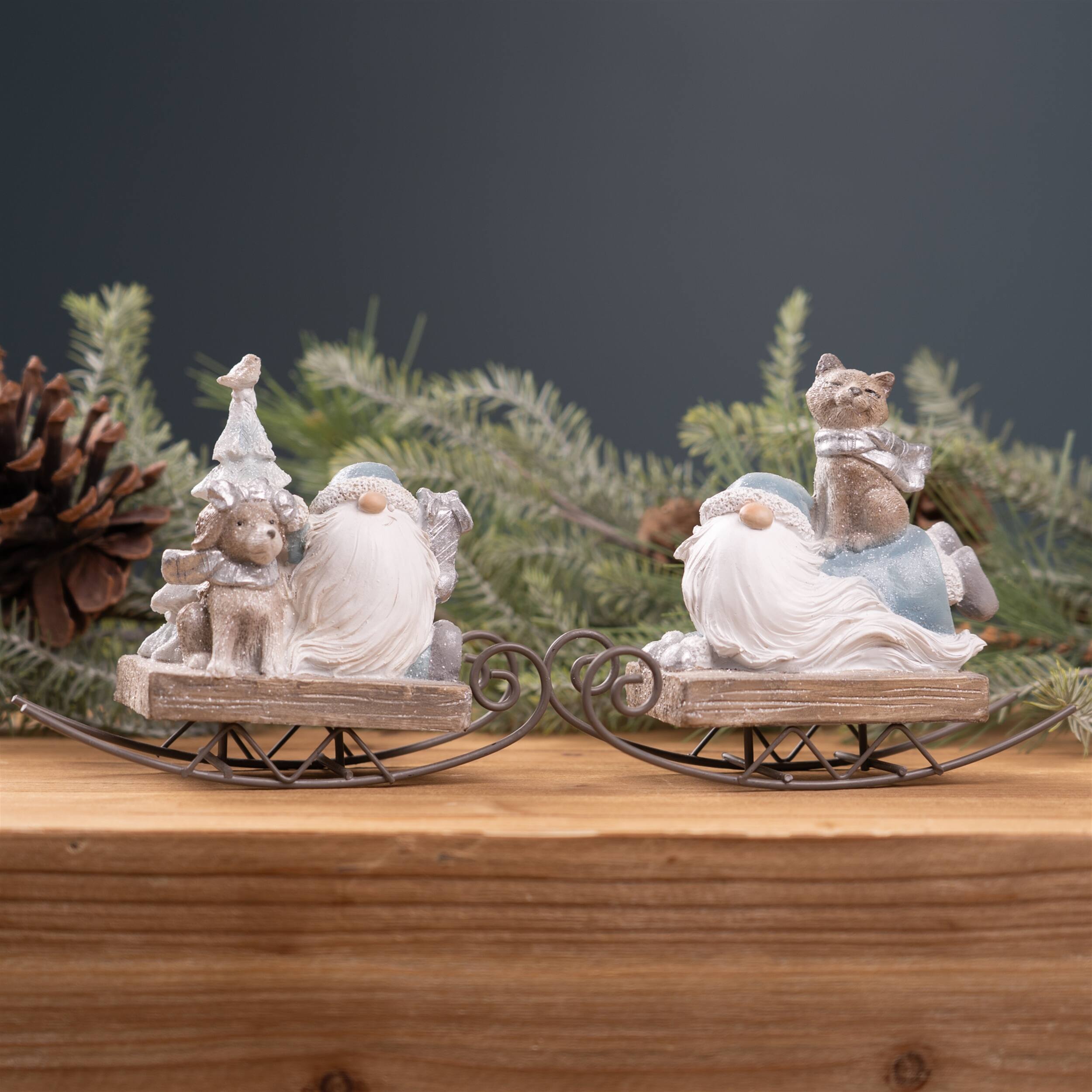 Angle. BreeBe - Gnome on Sled Figurine (Set of 2) - Blue, Brown.