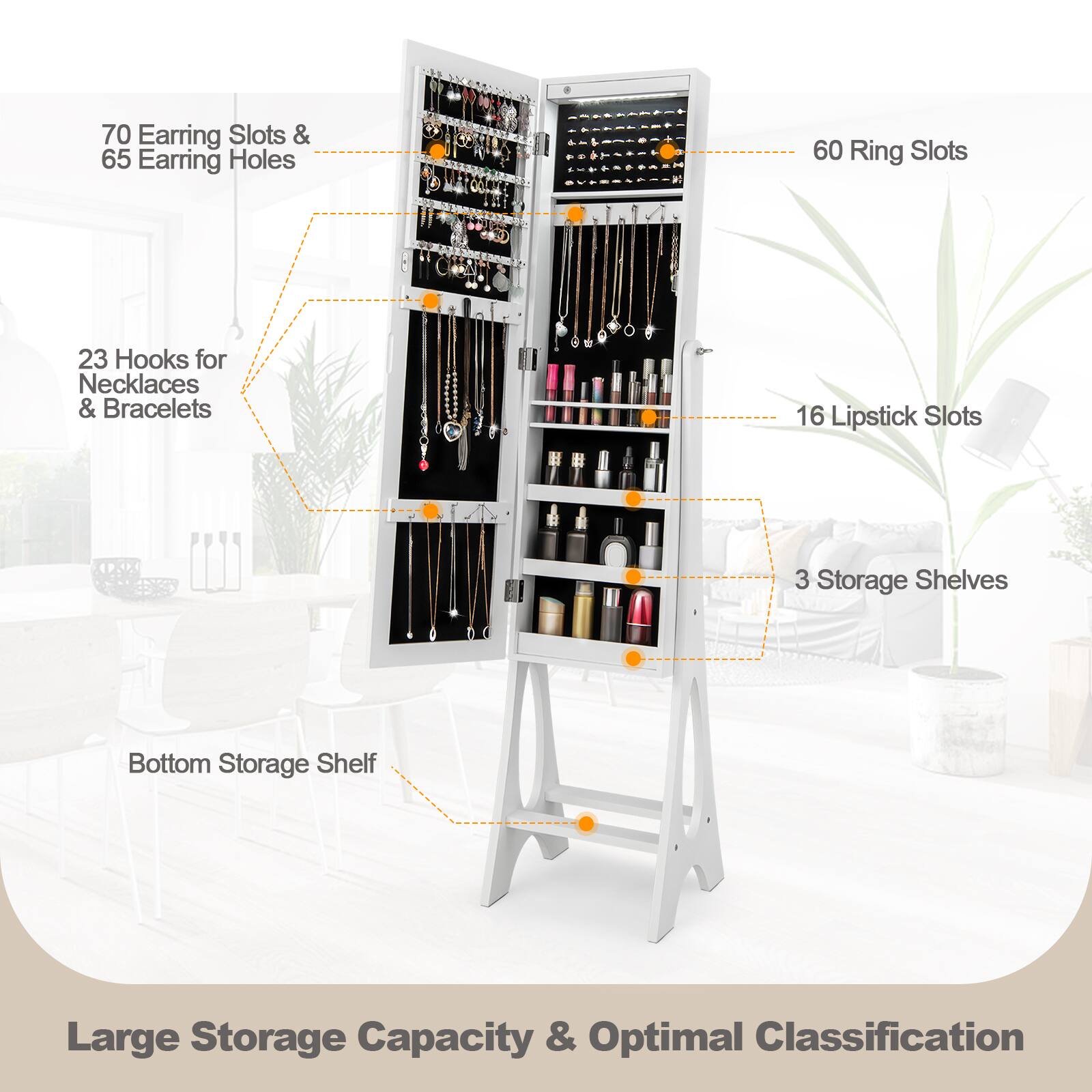 70 Earring Slots & 65 Earring Holes, 60 Ring Slots, 23 Hooks for Necklaces & Bracelets, 16 Lipstick Slots, 3 Storage Shelves, Bottom Storage Shelf, Large Storage Capacity & Optimal Classification