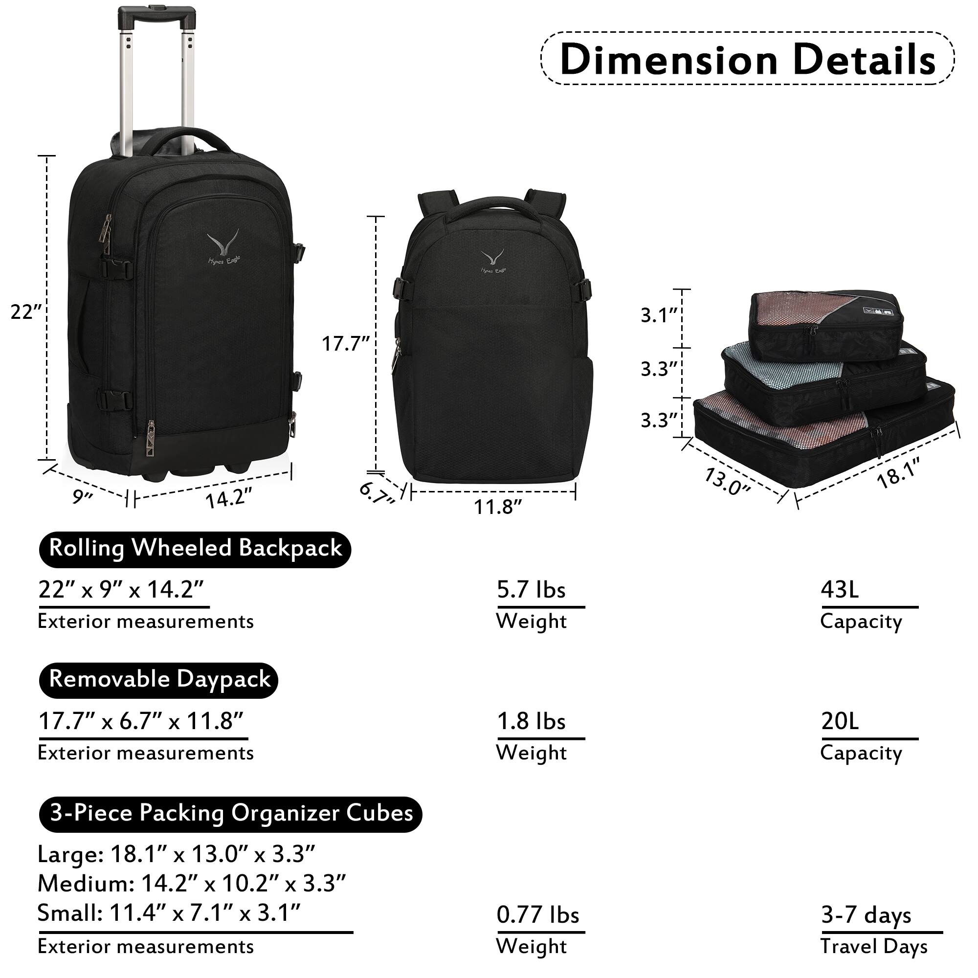 Dimension Details

Rolling Wheeled Backpack
22" x 9" x 14.2" Exterior measurements
5.7 lbs Weight
43L Capacity

Removable Daypack
17.7" x 6.7" x 11.8" Exterior measurements
1.8 lbs Weight
20L Capacity

3-Piece Packing Organizer Cubes
Large: 18.1" x 13.0" x 3.3"
Medium: 14.2" x 10.2" x 3.3"
Small: 11.4" x 7.1" x 3.1" Exterior measurements
0.77 lbs Weight
3-7 days Travel Days