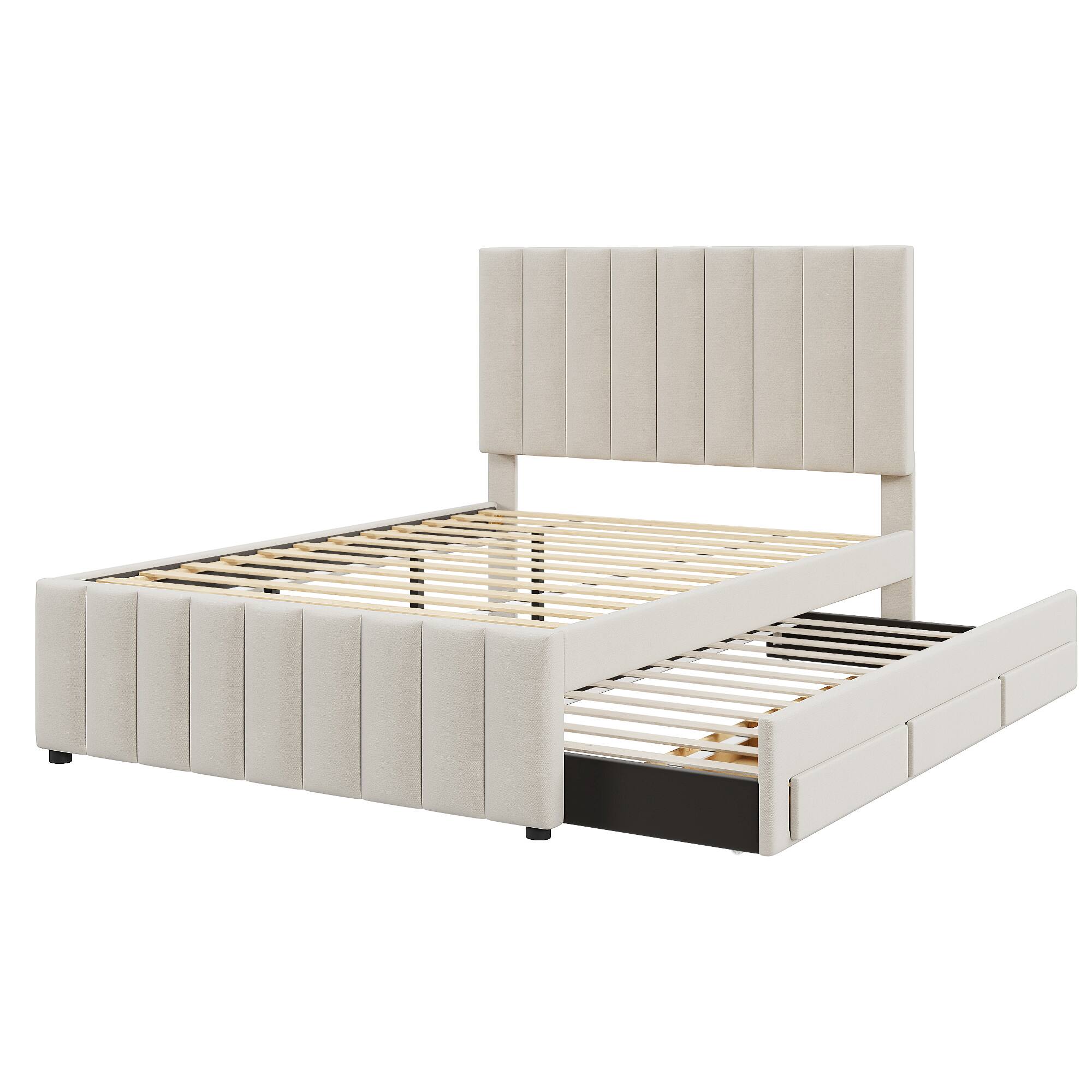 Alt View 4. Tiramisubest - Full Size Upholstered Platform Bed with Twin Size Trundle and 3 Drawers, Linen Fabric, Beige - Beige.