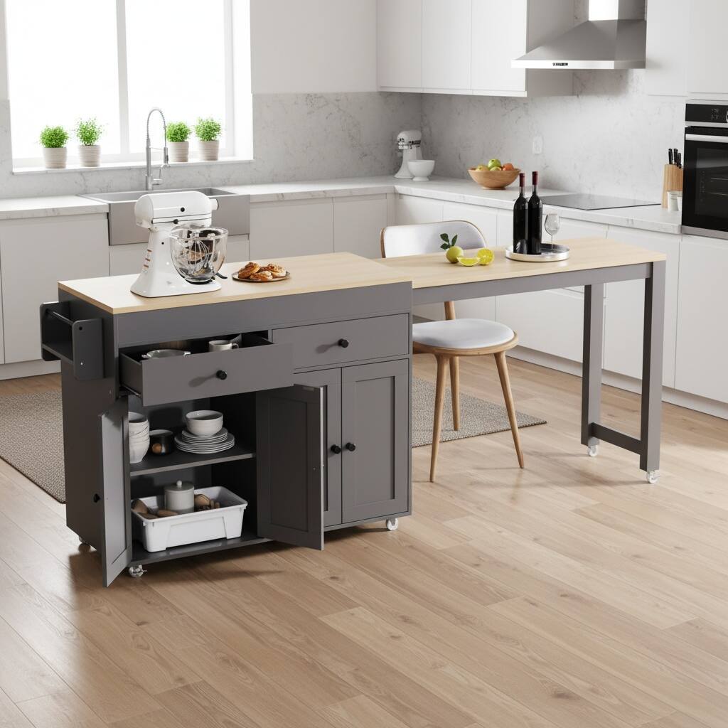 Left. Forest'nSky - Kitchen Island on Wheels, 74.5 inch with Extendable Dining Table, 4 Door Cabinet, 2 Drawers & Spice Rack, White - Grey.