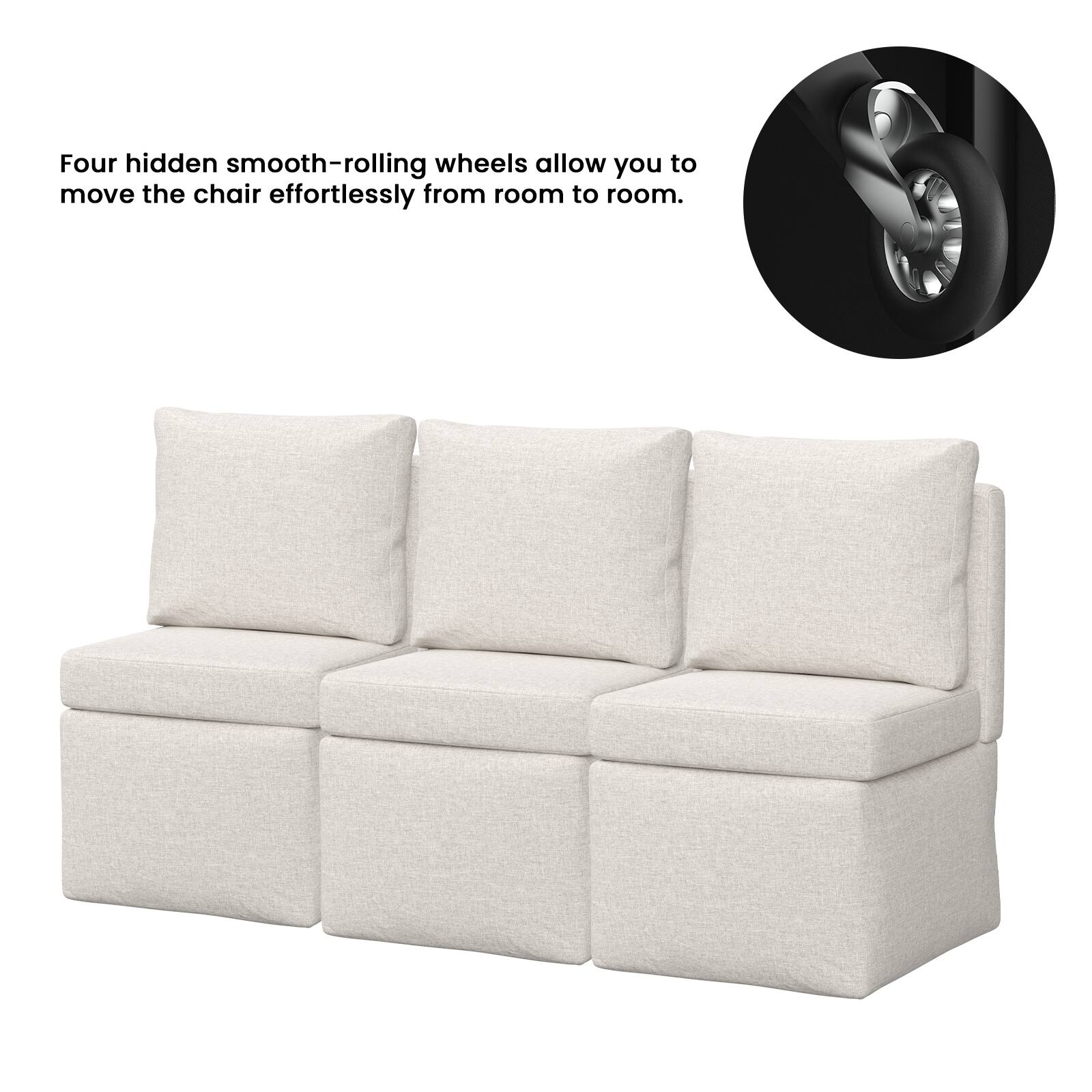 Four hidden smooth-rolling wheels allow you to move the chair effortlessly from room to room.