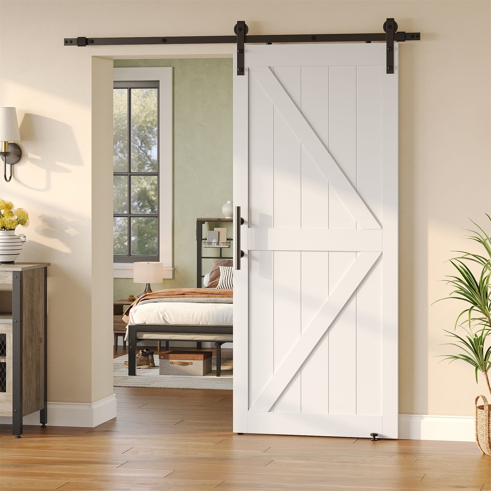 Bestier Sliding Barn Door with Wood Paneling and Installation Hardware Kit, PVC-Surfaced Closet Door - White