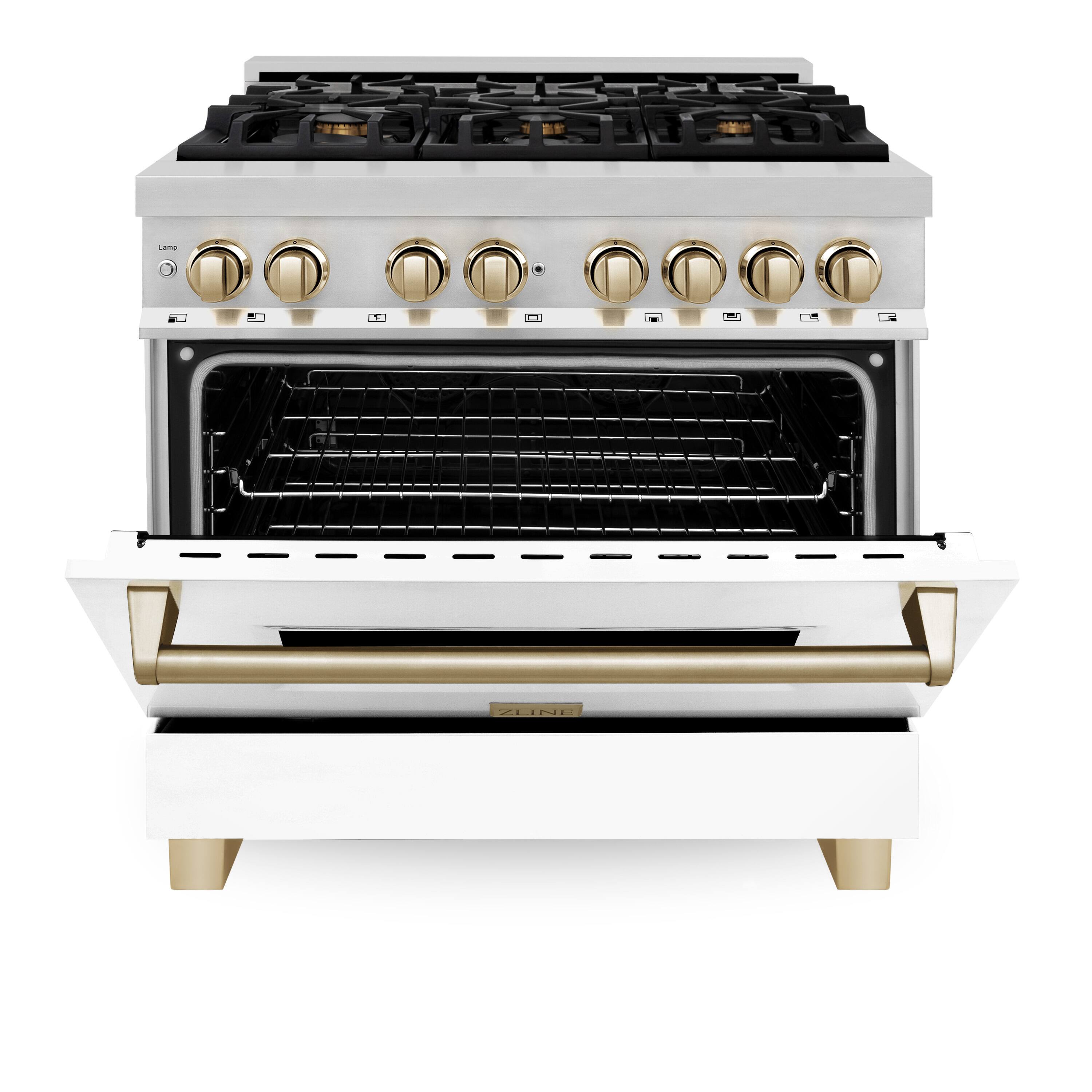 Angle. ZLINE - Autograph 36" Legacy Dual Fuel Range w/ 6 Burners & White & Gold Accents (RAZ-WM-36-G) - Stainless steel.
