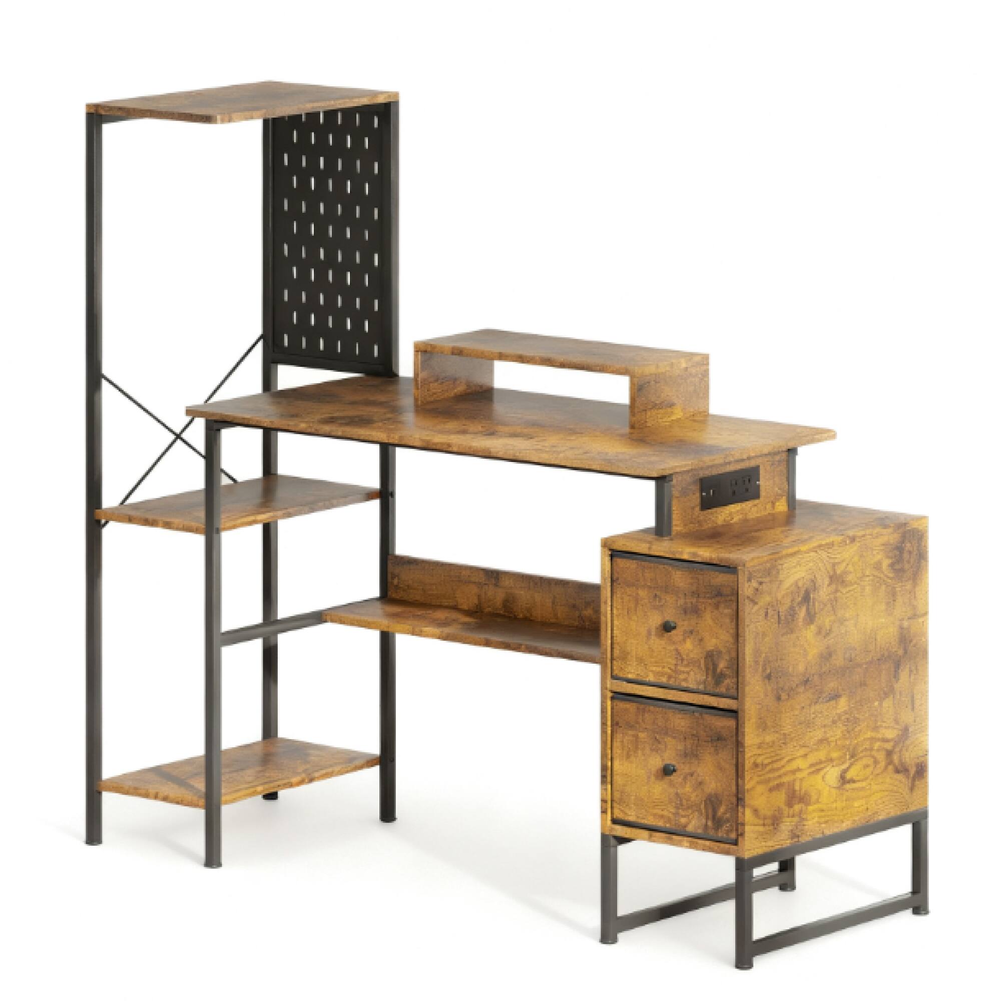 Angle. GOODSILO - Modern Home Office Desk with Integrated Charging Station, Adjustable LED Lighting, and Ergonomic Storage Solutions - Rustic Brown.