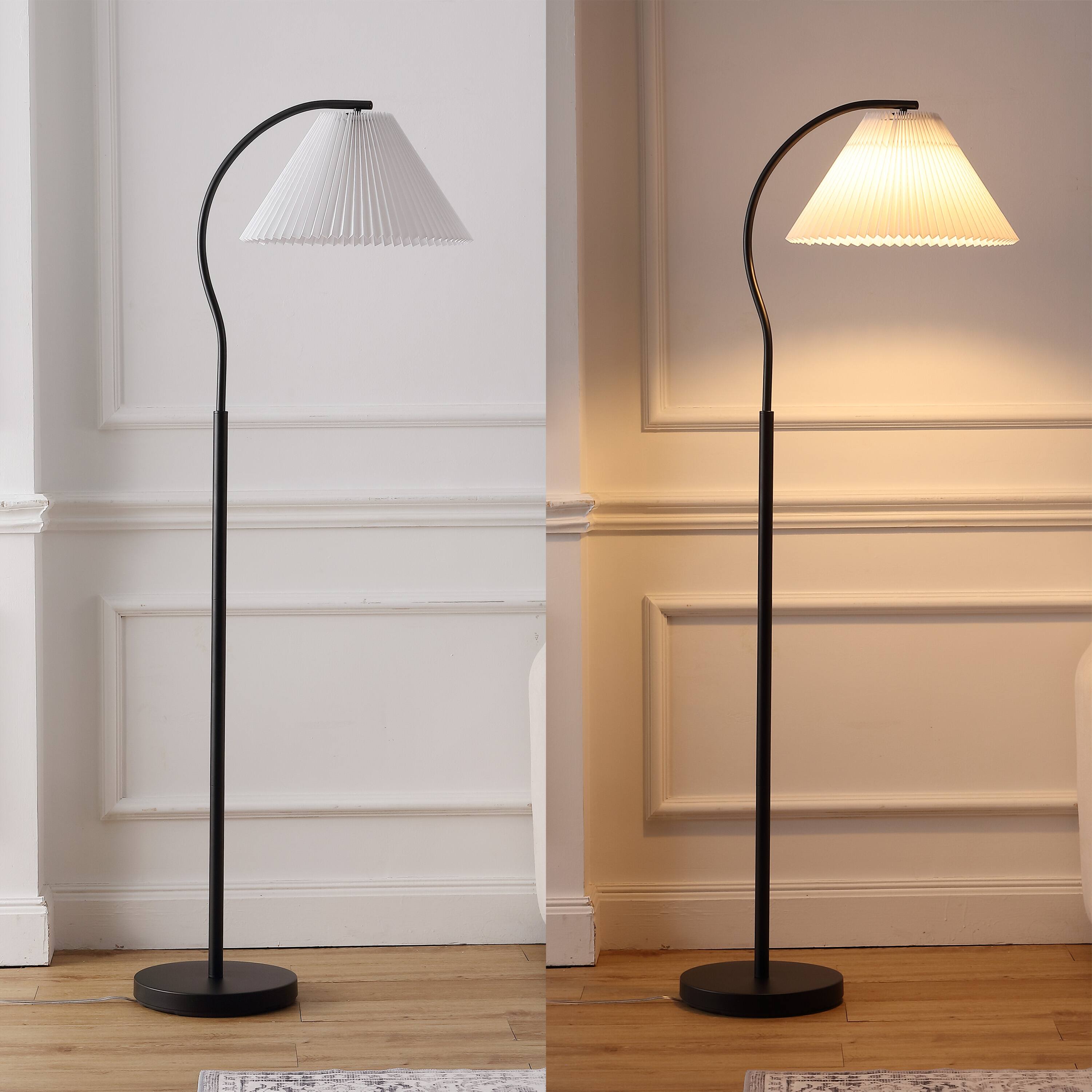 Alt View 3. Jonathan Y - Devon 60.5" Modern Glam Metal Arc LED Floor Lamp with Pleated Shade, Black/White - Black.