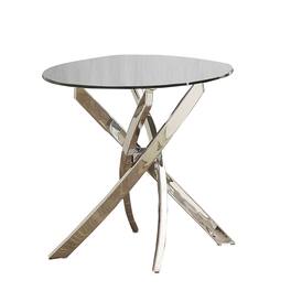 Manhattan Lane - Round Glass Top End Table with Criss Cross Metal Base - Silver and clear