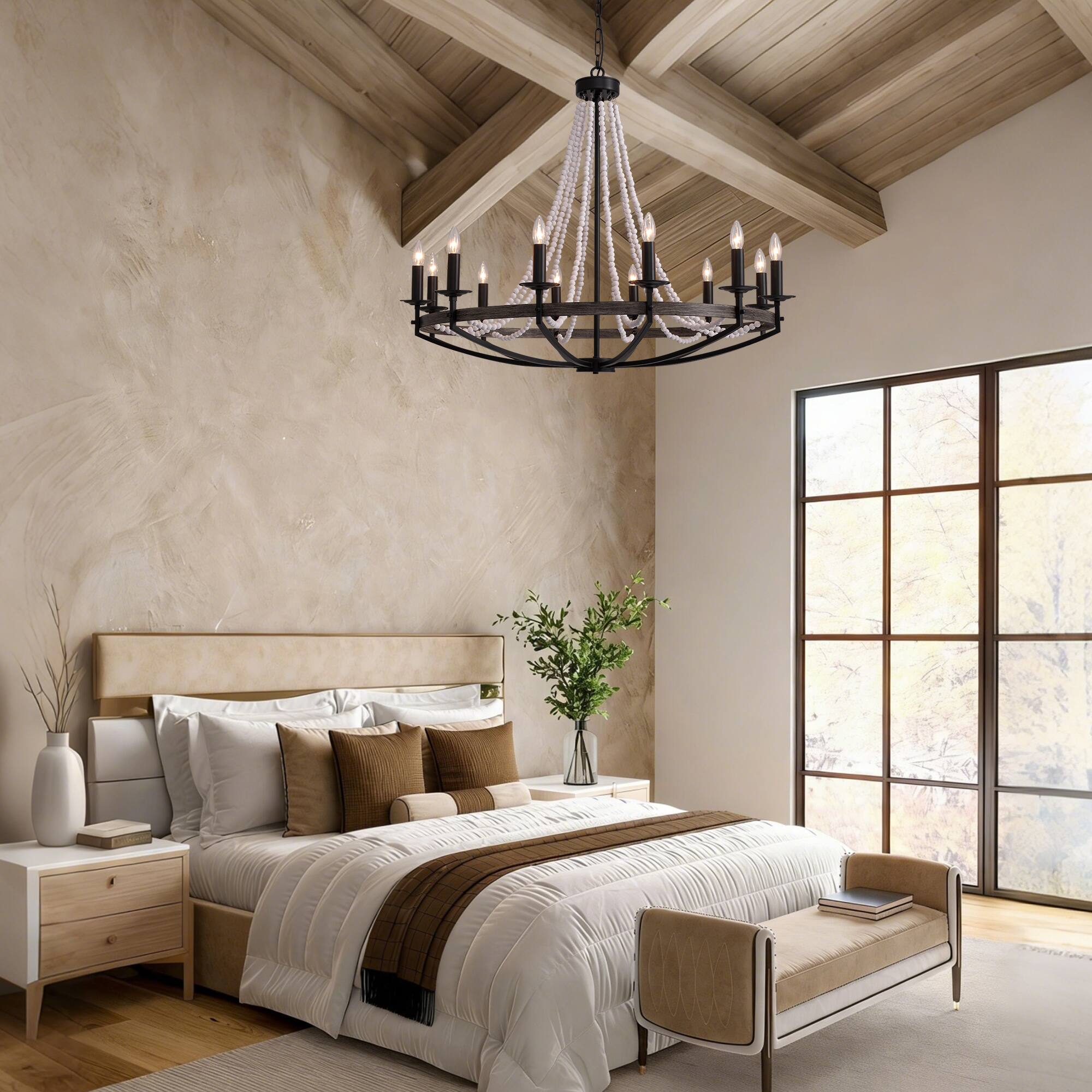 Alt View 4. Siljoy - 12-Light White Wood Bead Chandelier, E12 Bulb, Adjustable Height, Rustic Bohemian Pendant Light.