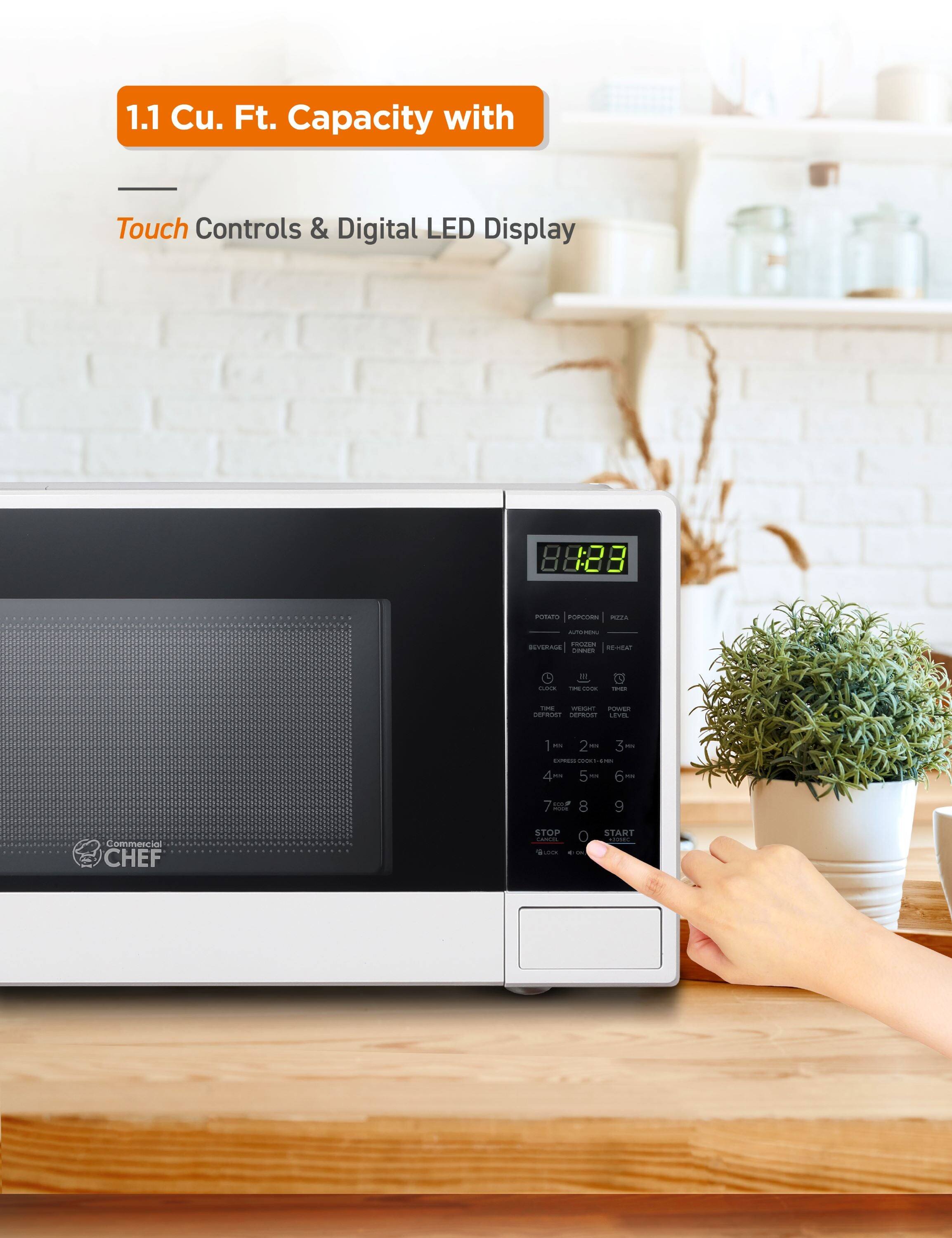 1.1 Cu. Ft. Capacity with Touch Controls & Digital LED Display
88:23
POTATOS POPCORN PIZZA BEVERAGE AUTHORIZED DINNER REHEAT
CLOCK TIME COOK TIME DIFFOST WEIGHT POWER LEVEL
1 2 3 4 5 6 7 8 9
STOP 0 START LOCK