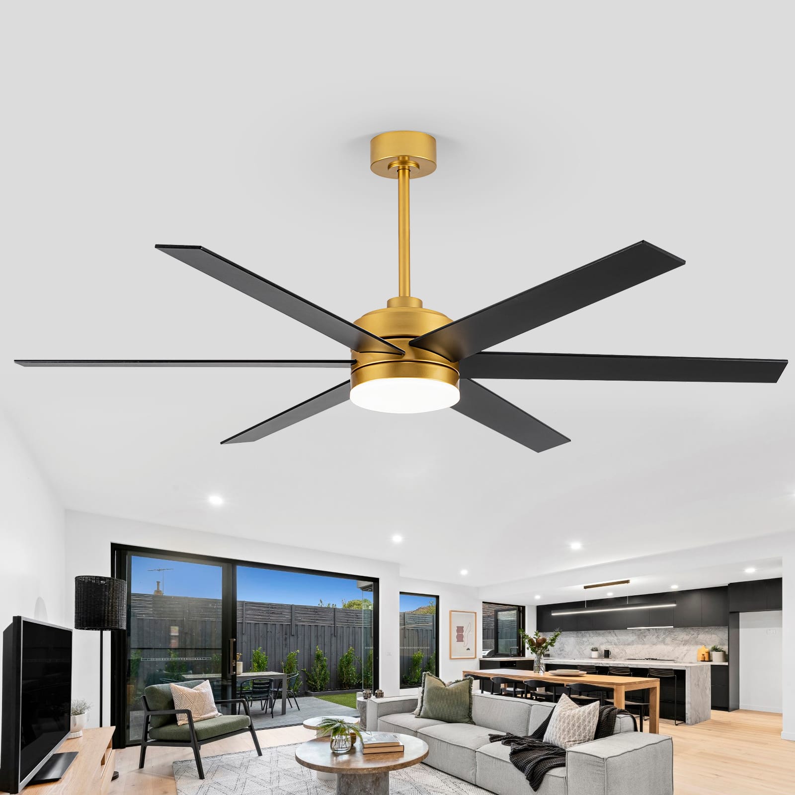 Front. Breezary - 65-In Large Indoor Ceiling Fan with 6 Plywood Blades, 3-Color LED Light, 6-Speed DC Motor, Remote, Timer, 6/12" Downrods - Gold with Black and White.