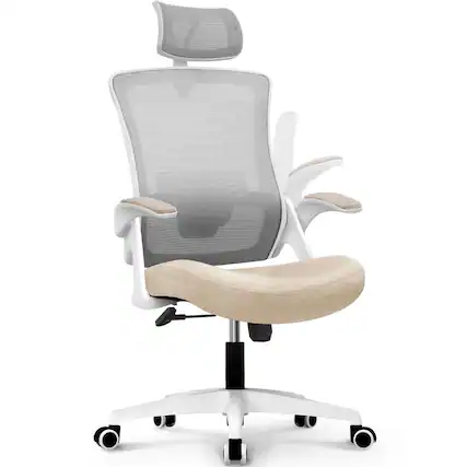 Front. Neo Chair - Office Desk Chair Computer High Back Support Mesh Comfy Adjustable Ergonomic Headrest Lumbar Rolling Flip-up Armrests - Plastic Base-Beige.
