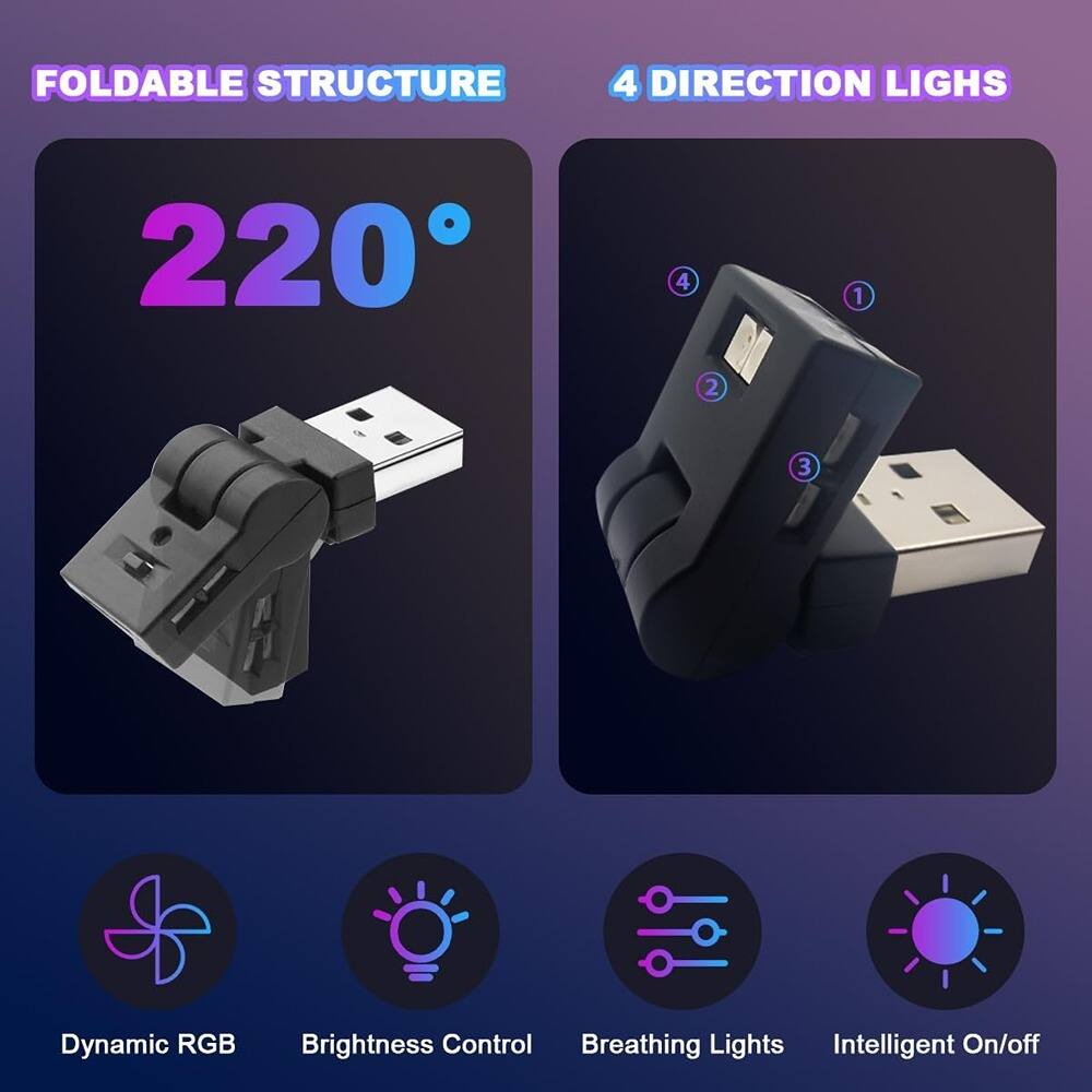 FOLDABLE STRUCTURE  
220°  

4 DIRECTION LIGHTS  

Dynamic RGB  
Brightness Control  
Breathing Lights  
Intelligent On/off