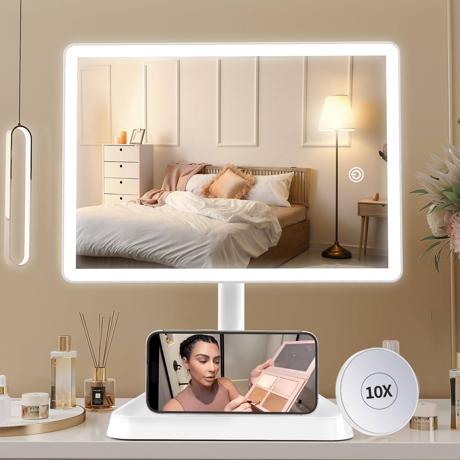 Pacoar Cade - Rechargeable Makeup Vanity Mirror With Lights Large Lighted Desk Magnifying Color Lighting Light Up Make Phone Holder - White Large
