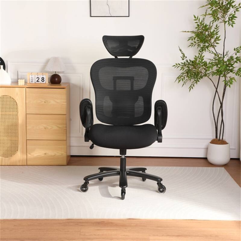 Angle. HTUTWOO - 500LBS Big and Tall Office Chair, Mesh Breathable,Adjustable Backrest & Headrest,Adaptive Lumbar Support,2D Flip-Up Arms - Black.