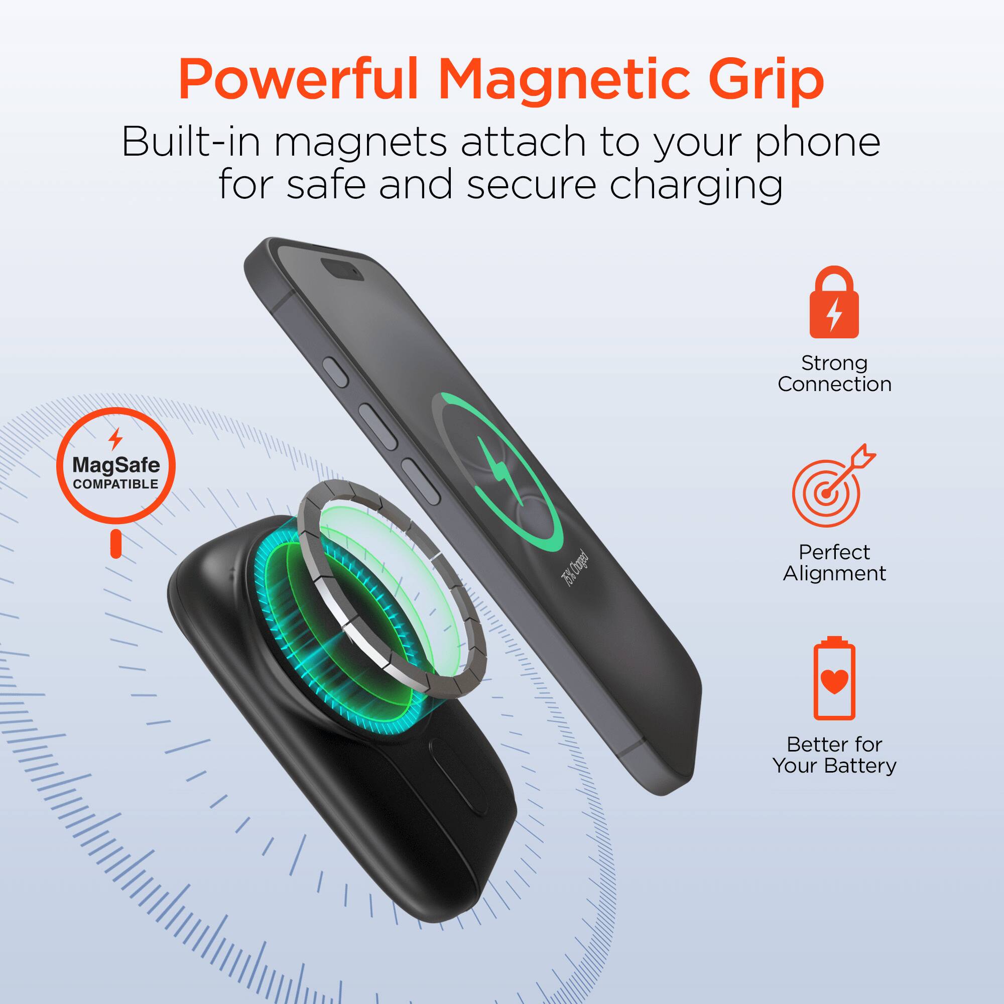 Powerful Magnetic Grip  
Built-in magnets attach to your phone for safe and secure charging  

Strong Connection  
Perfect Alignment  
Better for Your Battery  

MagSafe COMPATIBLE