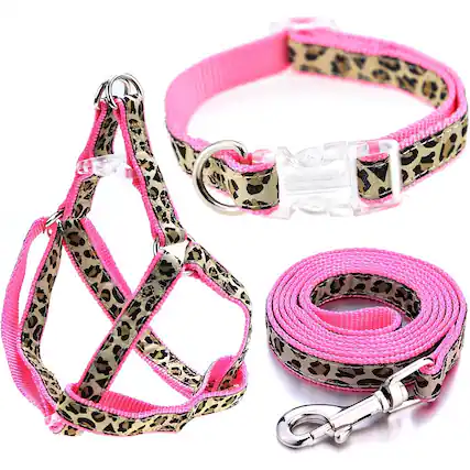 Front. MOSZAR LLC - Leopard Dog Harness, Collar & Leash Set, No Pull, Adjustable, Pink XS (Chest 9"-15", Neck 8"-12") - Pink.