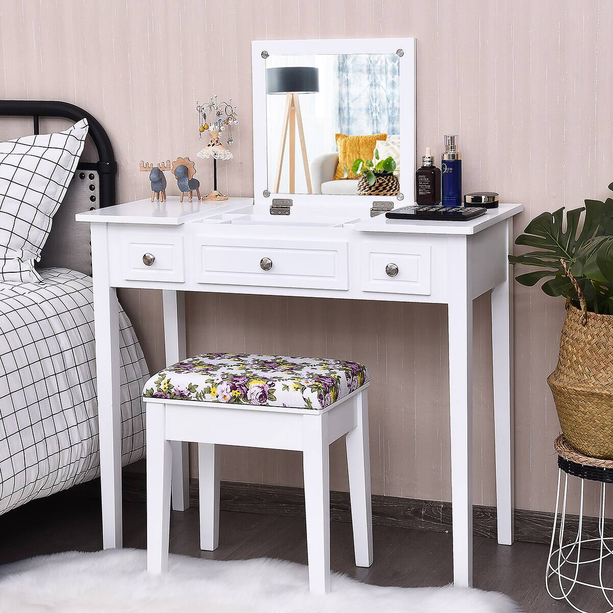 Alt View 1. Costway - Costway Vanity Dressing Table Flip Top 7 Compartments Makeup Desk - White.