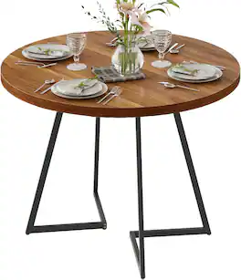 Vecelo - Modern Wood Grain Round Dining Table for 2–4, Small Round Kitchen Table with Metal Base for Dining Room or Apartment - Walnut