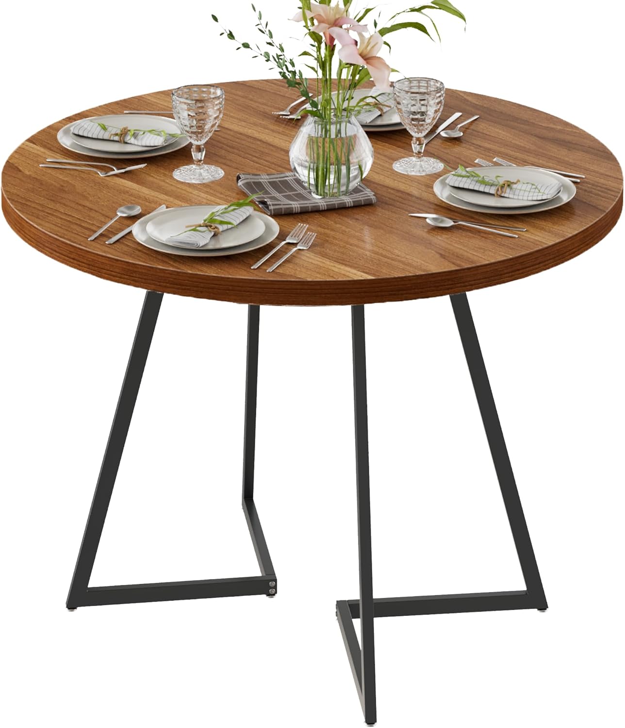 Front. Vecelo - Modern Wood Grain Round Dining Table for 2–4, Small Round Kitchen Table with Metal Base for Dining Room or Apartment - Walnut.