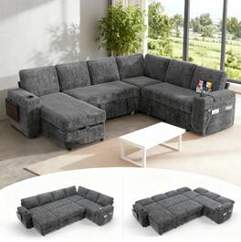 Dyonery - 110" Modular 7 Seat L Shaped Couch with Reclining Backrest|USB Ports|Cup Holders|Side Table|Storage Chaise Armrests - Gray